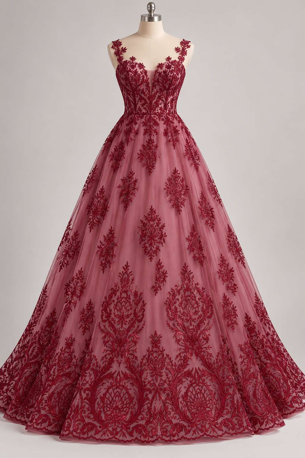 Inspiración de vestido generada con IA: Tul Bordado Con Diseño En Acabado Glitter Color Vino- HH169 ideal para vestidos de noche de boda y de XV años; se vende la tela.