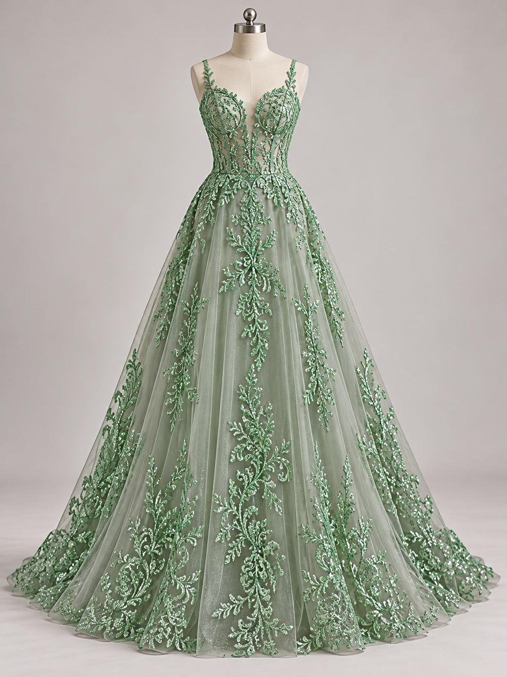 Inspiración de vestido generada con IA: Tul Bordado Con Diseño En Acabado Glitter Color Cemento- HH169 ideal para vestidos de noche de boda y de XV años; se vende la tela.