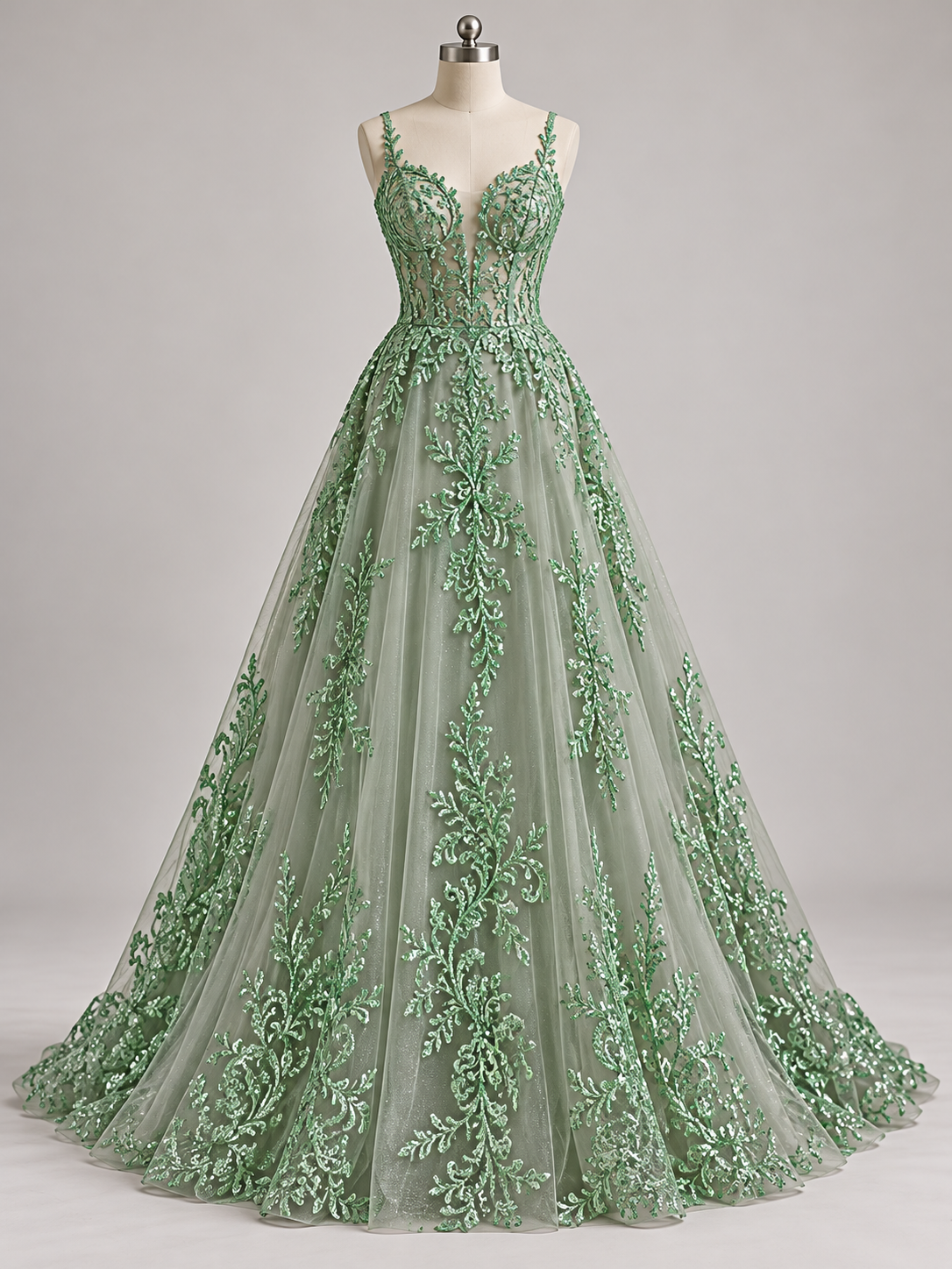 Inspiración de vestido generada con IA: Tul Bordado Con Diseño En Acabado Glitter Color Cemento- HH169 ideal para vestidos de noche de boda y de XV años; se vende la tela.