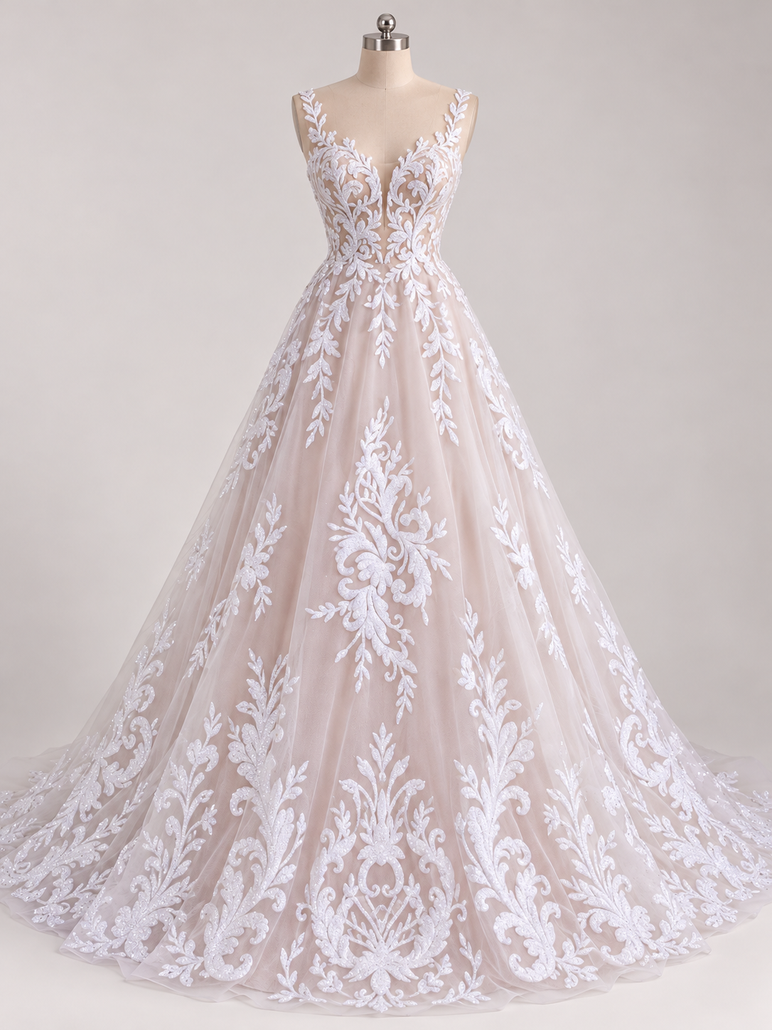 Inspiración de vestido generada con IA: Tul Bordado Con Diseño En Acabado Glitter Color Blanco- HH169 ideal para vestidos de noche de boda y de XV años; se vende la tela.