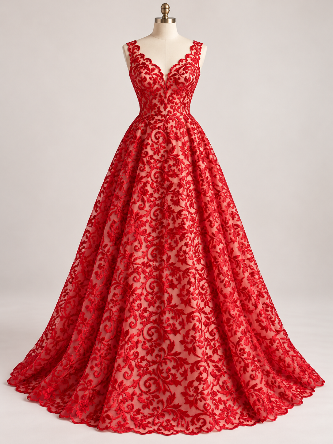 Inspiración de vestido generada con IA: Tul Bordado Diseño Con Grecas Rojo- HH174 ideal para vestidos de noche de boda y de XV años; se vende la tela.
