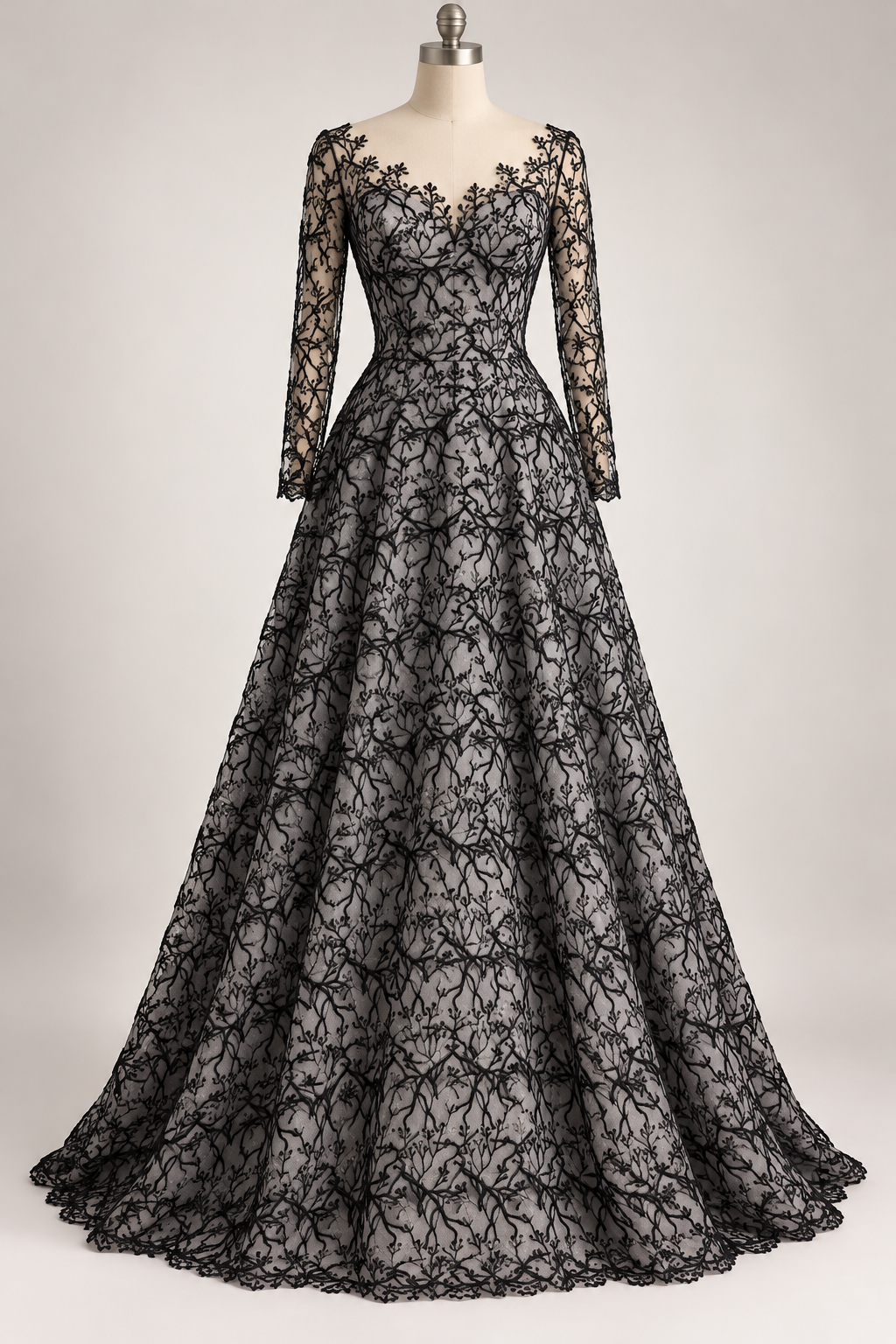 Inspiración de vestido generada con IA: Tul Bordado Diseño Floral Con Ramajes Color Negro -HH175 ideal para vestidos de noche de boda y de XV años; se vende la tela.