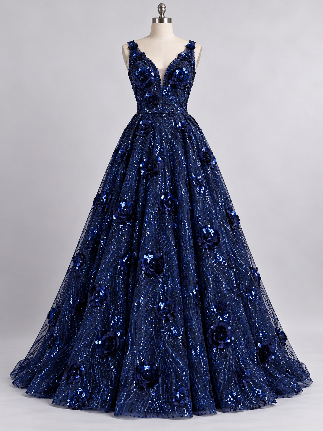 Inspiración de vestido generada con IA: Tul Bordado Diseño Floral Con Lentejuela Color Azul Marino -HH179 ideal para vestidos de noche de boda y de XV años; se vende la tela.