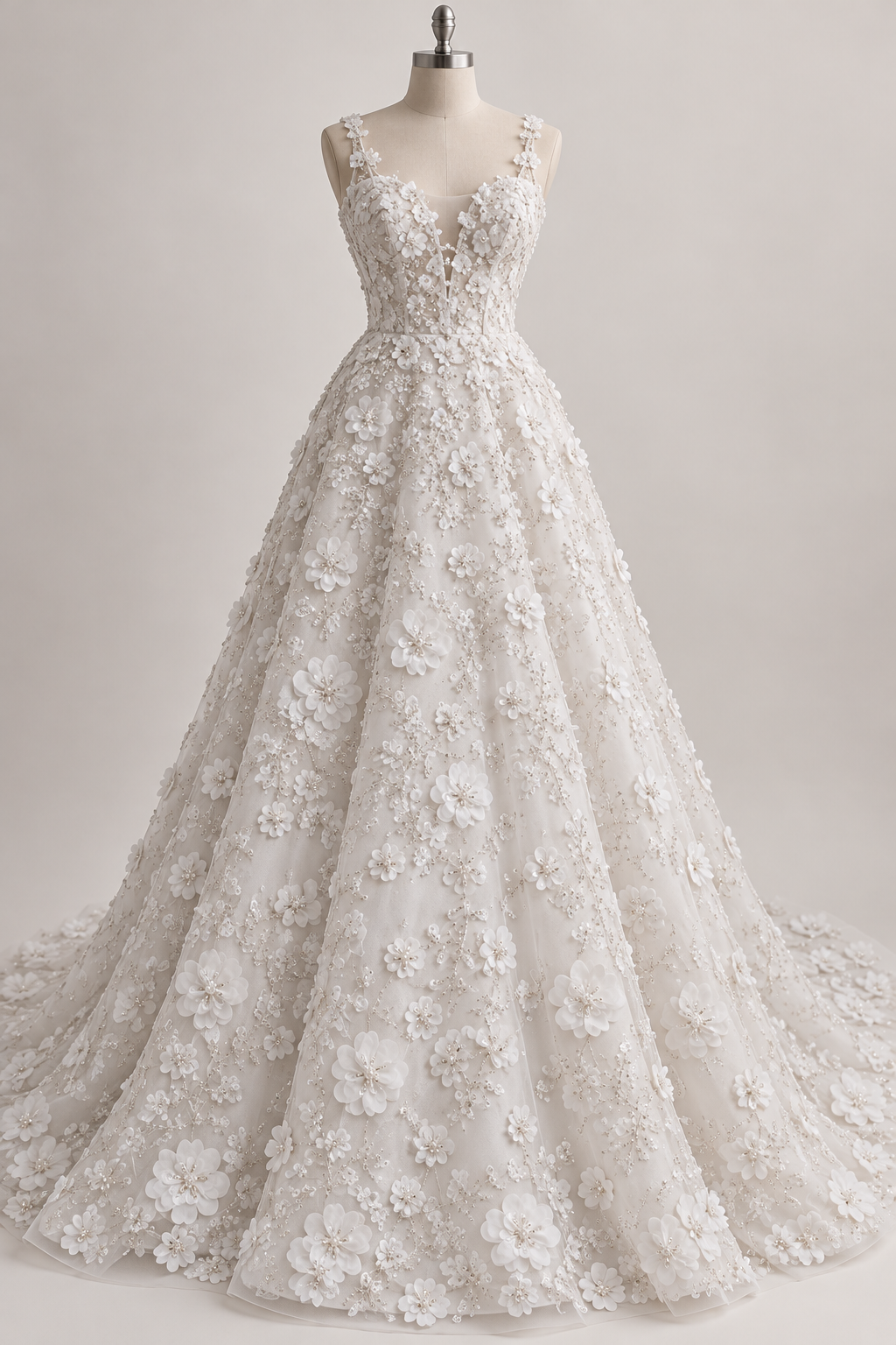 Inspiración de vestido generada con IA: Tul Bordado Con Flores 3d, Lentejuela, Canutillo, Perlas, Chaquira Color Blanco -HH191 ideal para vestidos de noche de boda y de XV años; se vende la tela.