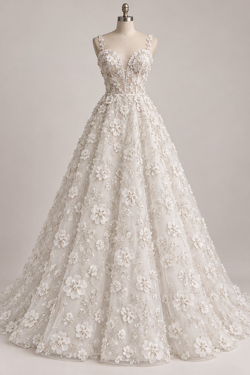 Inspiración de vestido generada con IA: Tul Bordado Con Flores 3d, Lentejuela, Canutillo, Perlas, Chaquira Color Hueso -HH191 ideal para vestidos de noche de boda y de XV años; se vende la tela.