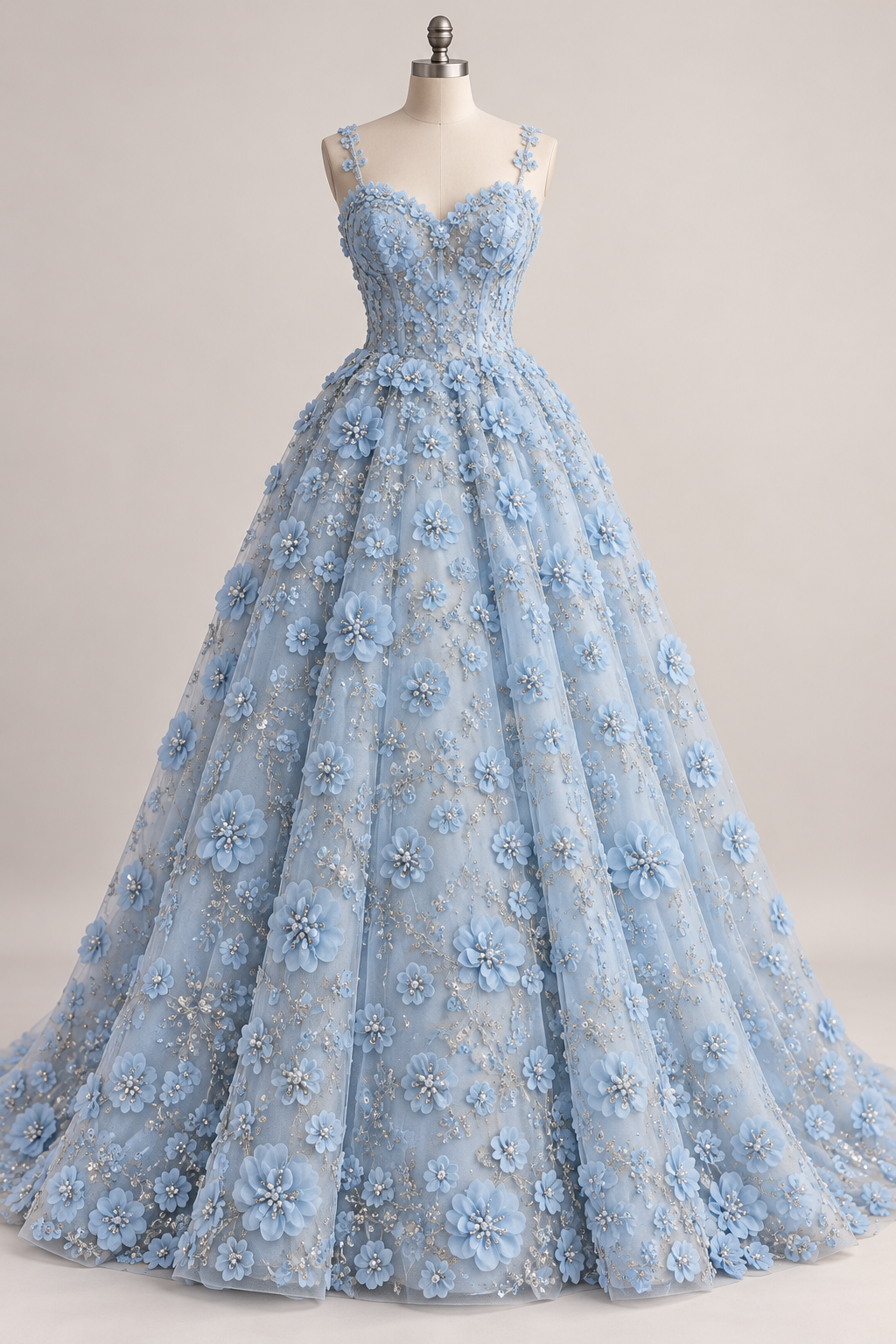 Inspiración de vestido generada con IA: Tul Bordado Con Flores 3d, Lentejuela, Canutillo, Perlas, Chaquira Color Cielo-HH191 ideal para vestidos de noche de boda y de XV años; se vende la tela.