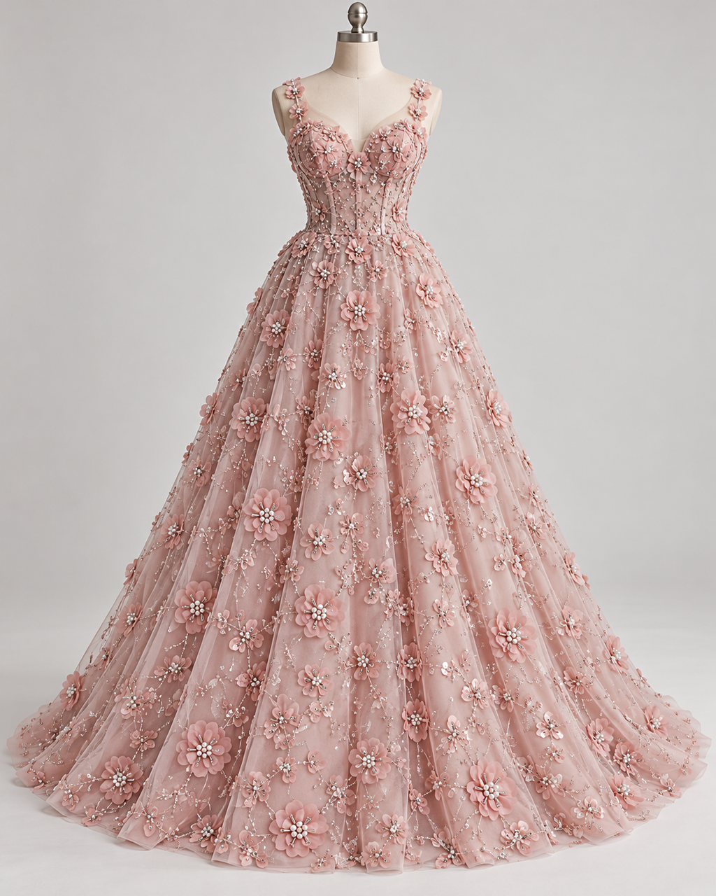 Inspiración de vestido generada con IA: Tul Bordado Con Flores 3d, Lentejuela, Canutillo, Perlas, Chaquira Color Palo de Rosa -HH191 ideal para vestidos de noche de boda y de XV años; se vende la tela.