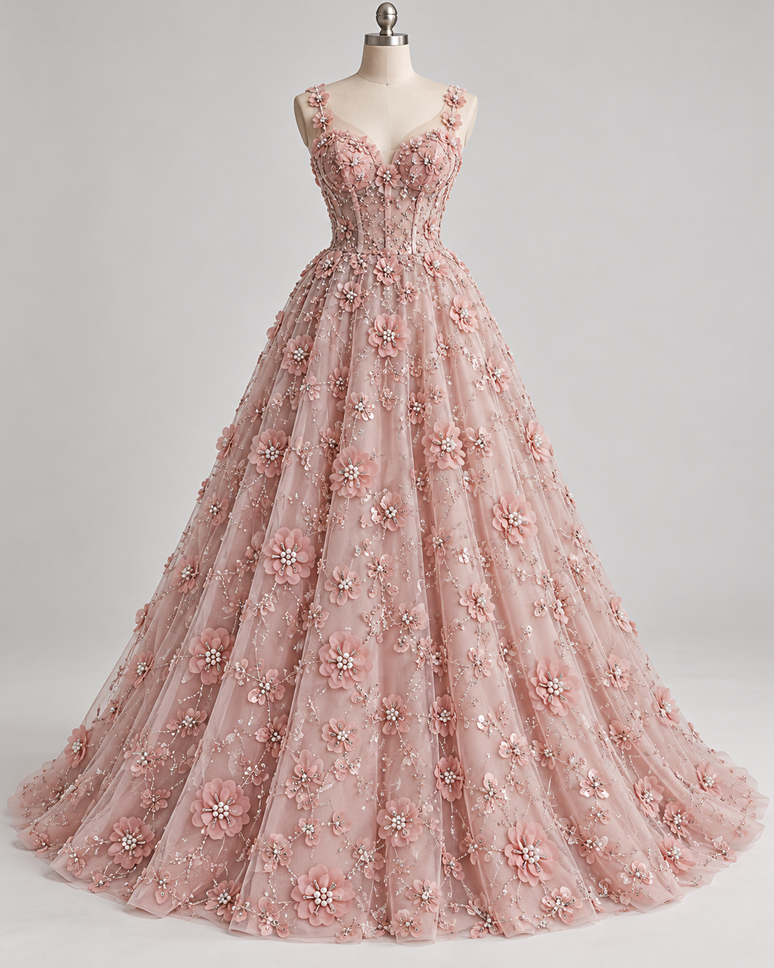 Inspiración de vestido generada con IA: Tul Bordado Con Flores 3d, Lentejuela, Canutillo, Perlas, Chaquira Color Palo de Rosa -HH191 ideal para vestidos de noche de boda y de XV años; se vende la tela.