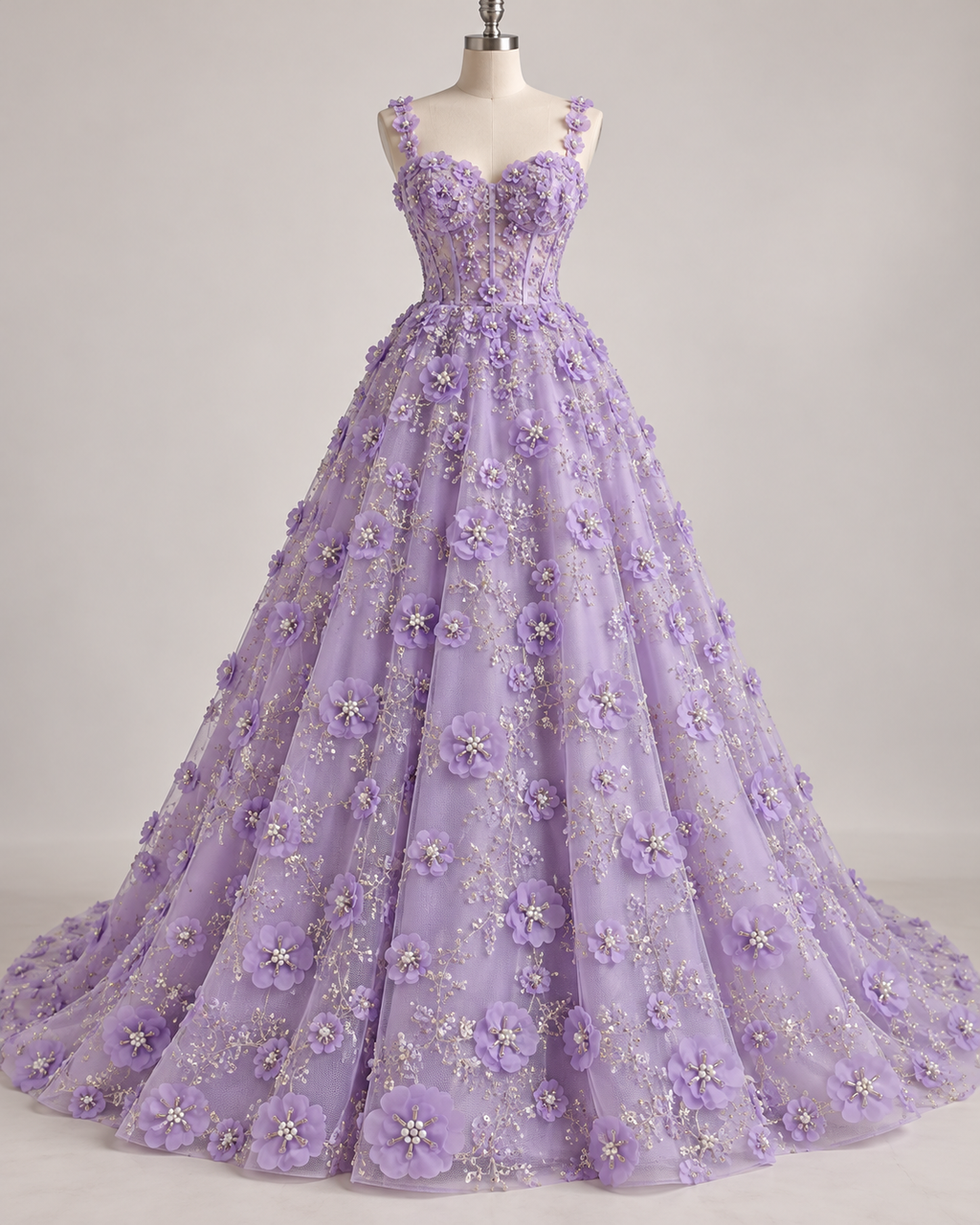 Inspiración de vestido generada con IA: Tul Bordado Con Flores 3d, Lentejuela, Canutillo, Perlas, Chaquira Color Lila -HH191 ideal para vestidos de noche de boda y de XV años; se vende la tela.