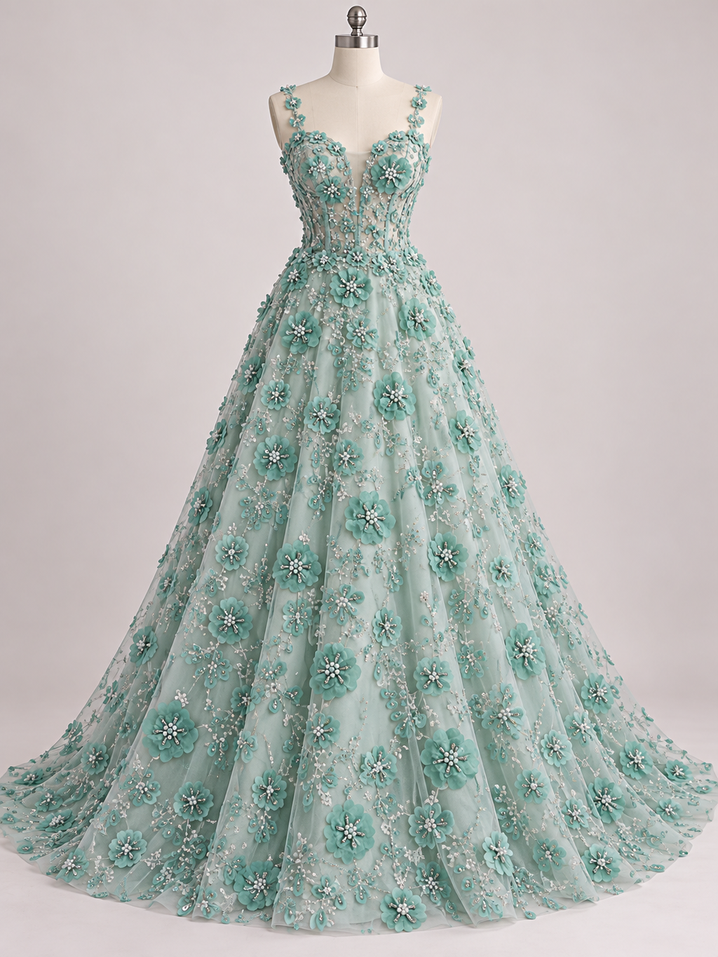 Inspiración de vestido generada con IA: Tul Bordado Con Flores 3d, Lentejuela, Canutillo, Perlas, Chaquira Color Menta -HH191 ideal para vestidos de noche de boda y de XV años; se vende la tela.