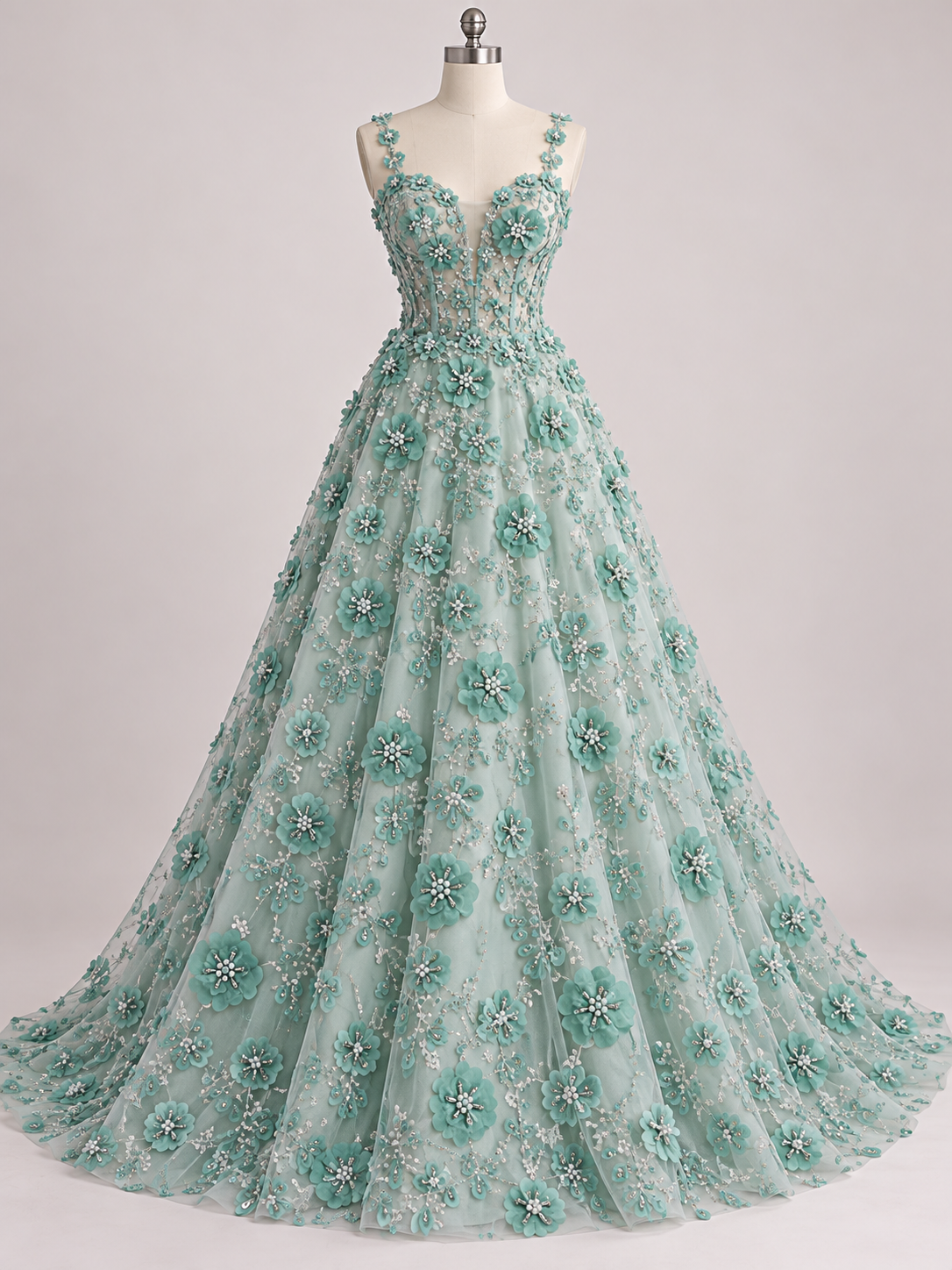 Inspiración de vestido generada con IA: Tul Bordado Con Flores 3d, Lentejuela, Canutillo, Perlas, Chaquira Color Menta -HH191 ideal para vestidos de noche de boda y de XV años; se vende la tela.
