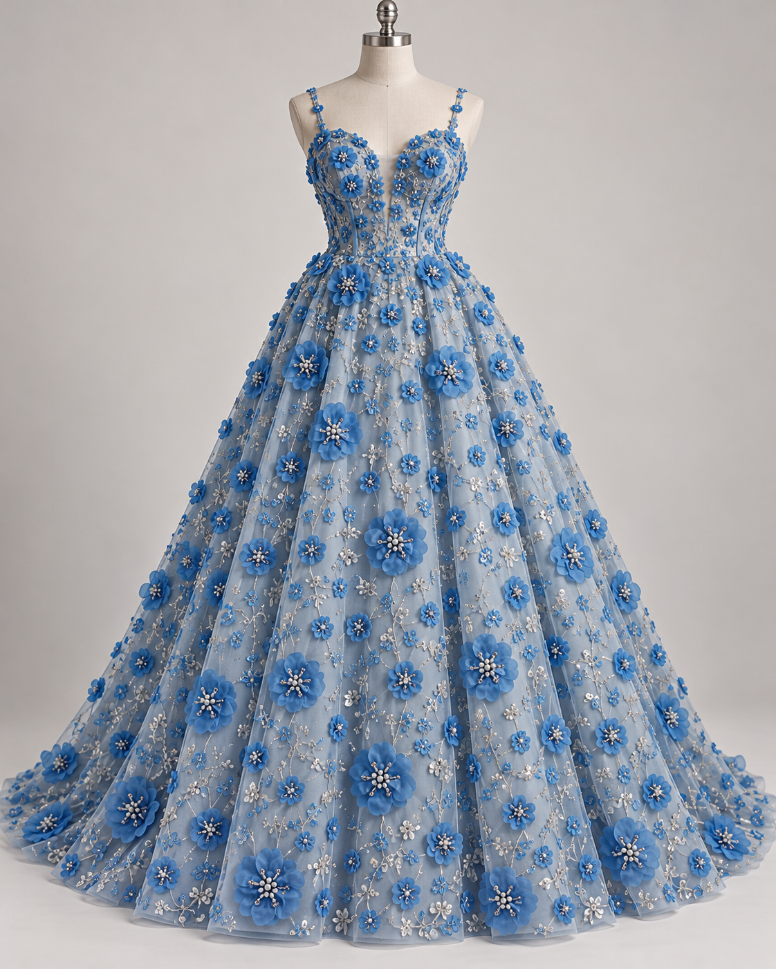 Inspiración de vestido generada con IA: Tul Bordado Con Flores 3d, Lentejuela, Canutillo, Perlas, Chaquira Color Plumbago -HH191 ideal para vestidos de noche de boda y de XV años; se vende la tela.