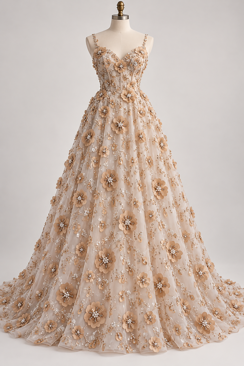 Inspiración de vestido generada con IA: Tul Bordado Con Flores 3d, Lentejuela, Canutillo, Perlas, Chaquira Color Oro -HH191 ideal para vestidos de noche de boda y de XV años; se vende la tela.