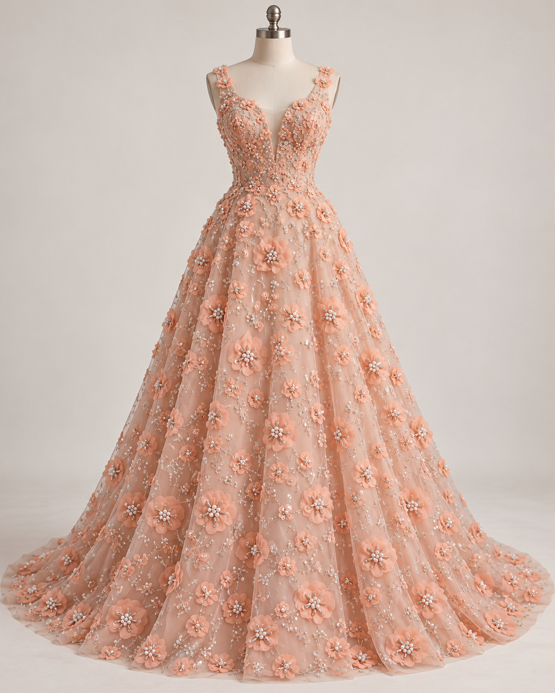 Inspiración de vestido generada con IA: Tul Bordado Con Flores 3d, Lentejuela, Canutillo, Perlas, Chaquira Color Melòn -HH191 ideal para vestidos de noche de boda y de XV años; se vende la tela.