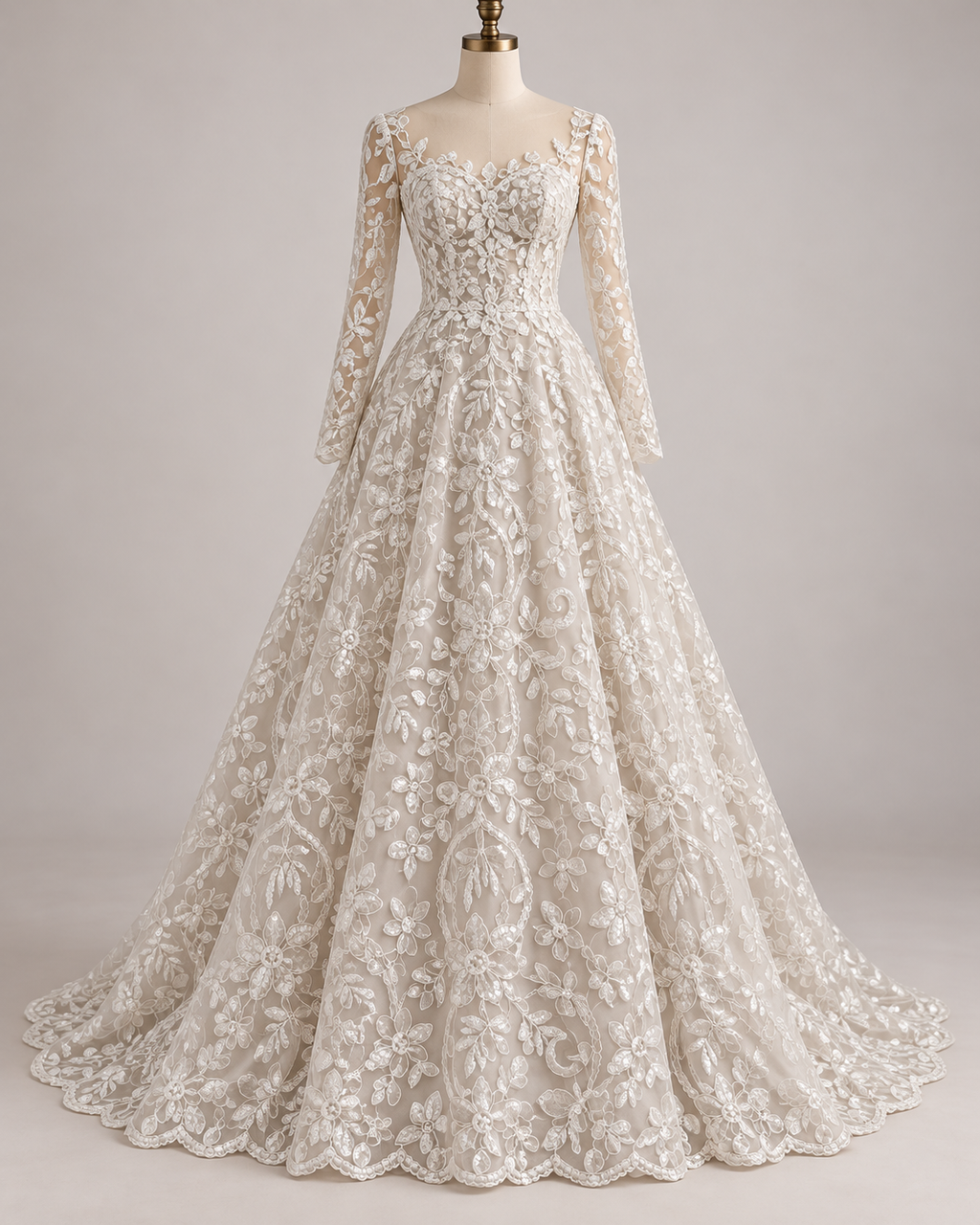 Inspiración de vestido generada con IA: Tul Bordado Con Diseño Floral Con Lentejuela Color Blanco -HH193 ideal para vestidos de noche de boda y de XV años; se vende la tela.