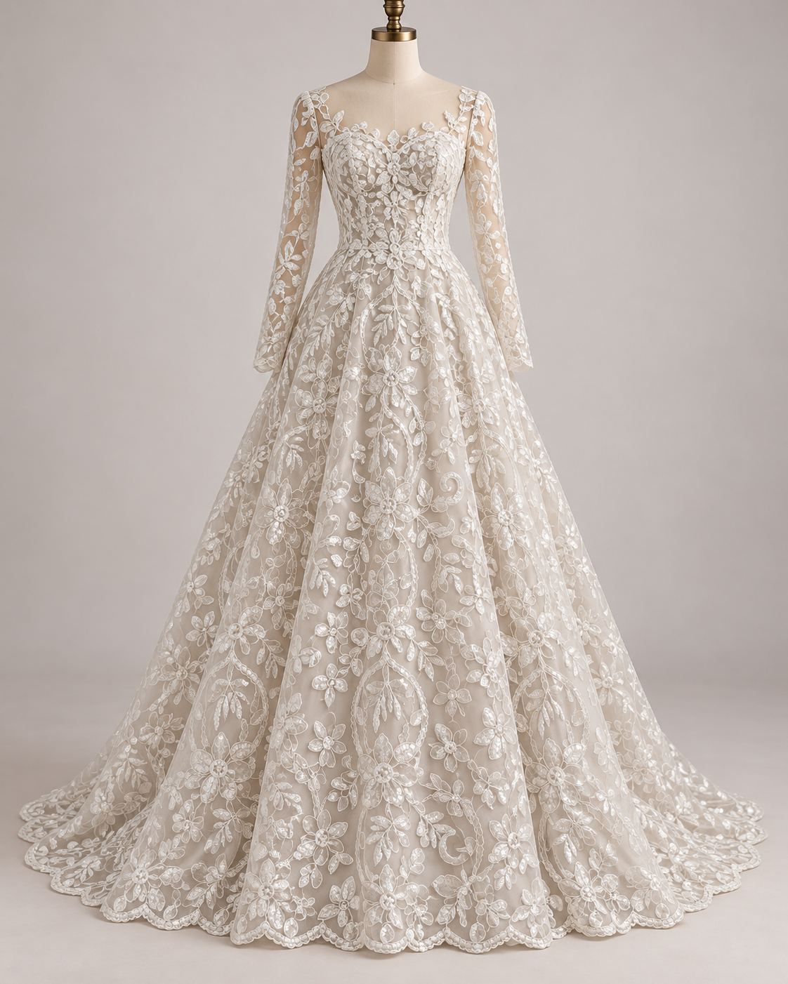 Inspiración de vestido generada con IA: Tul Bordado Con Diseño Floral Con Lentejuela Color Blanco -HH193 ideal para vestidos de noche de boda y de XV años; se vende la tela.