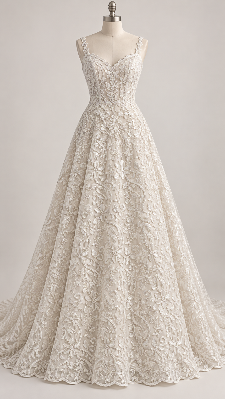 Inspiración de vestido generada con IA: Tul Bordado Con Diseño Floral Con Lentejuela Color Hueso -HH193 ideal para vestidos de noche de boda y de XV años; se vende la tela.