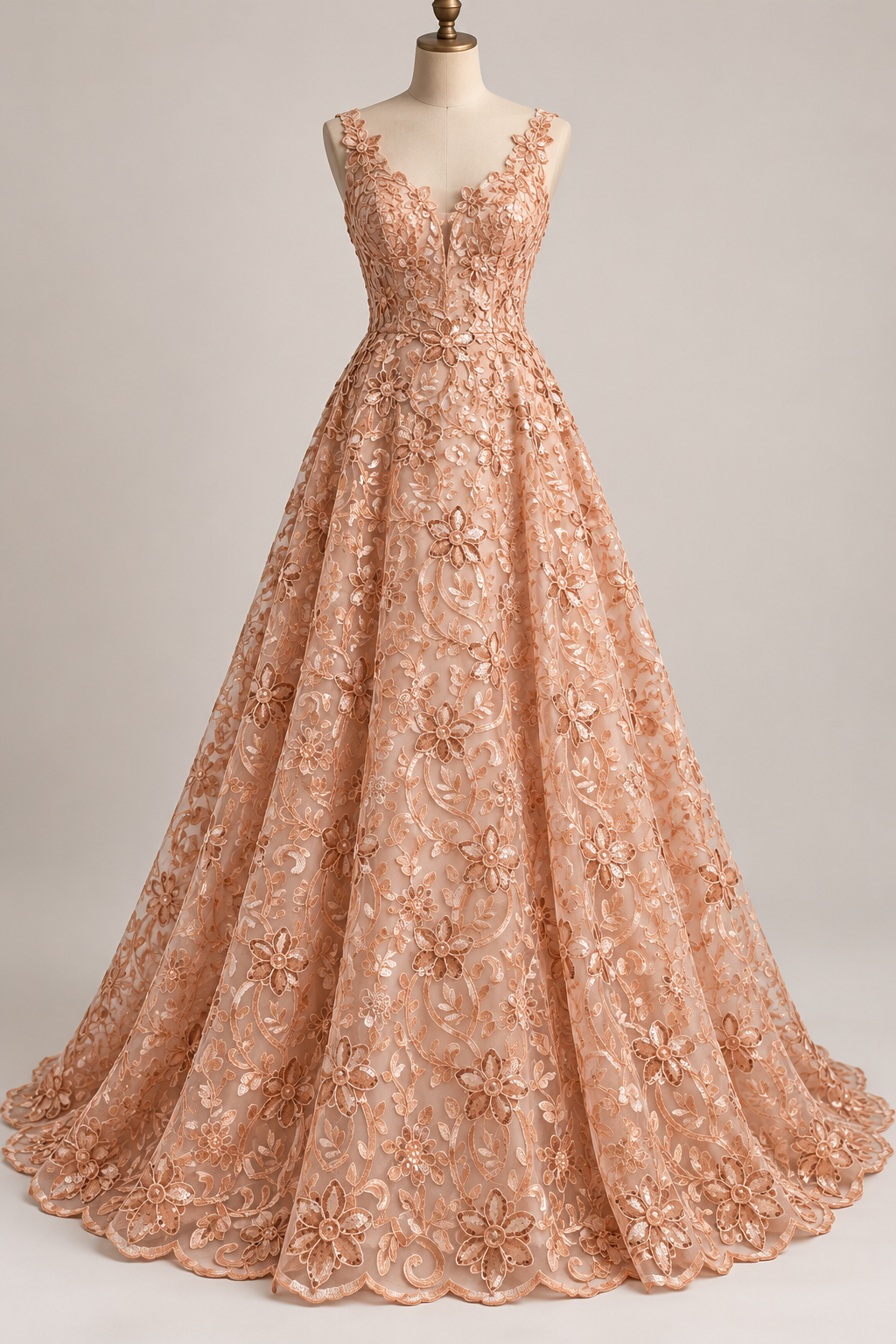 Inspiración de vestido generada con IA: Tul Bordado Con Diseño Floral Con Lentejuela Color Melon -HH193 ideal para vestidos de noche de boda y de XV años; se vende la tela.