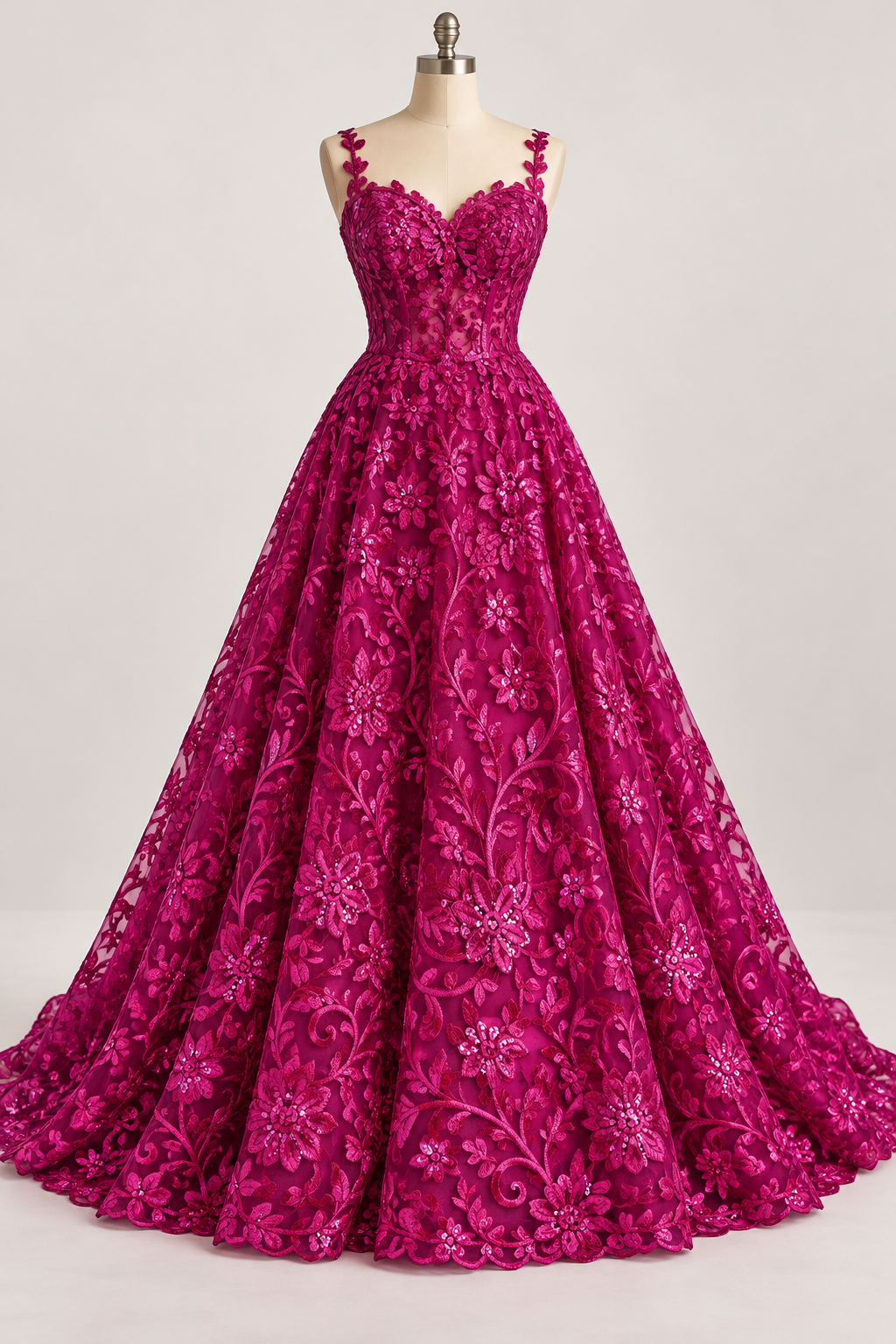 Inspiración de vestido generada con IA: Tul Bordado Con Diseño Floral Con Lentejuela Color Fiusha -HH193 ideal para vestidos de noche de boda y de XV años; se vende la tela.