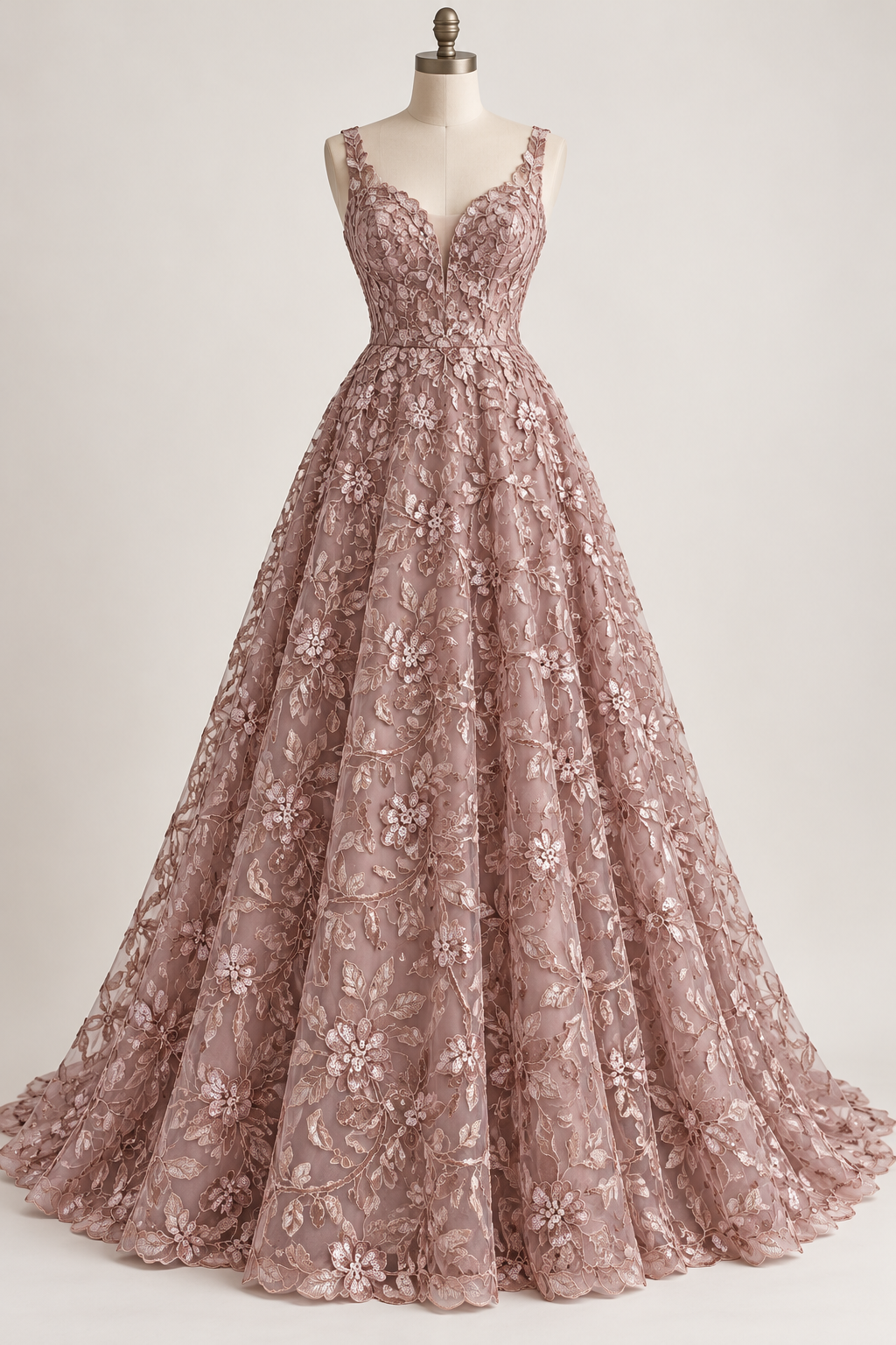 Inspiración de vestido generada con IA: Tul Bordado Con Diseño Floral Con Lentejuela Color Palo de Rosa -HH193 ideal para vestidos de noche de boda y de XV años; se vende la tela.