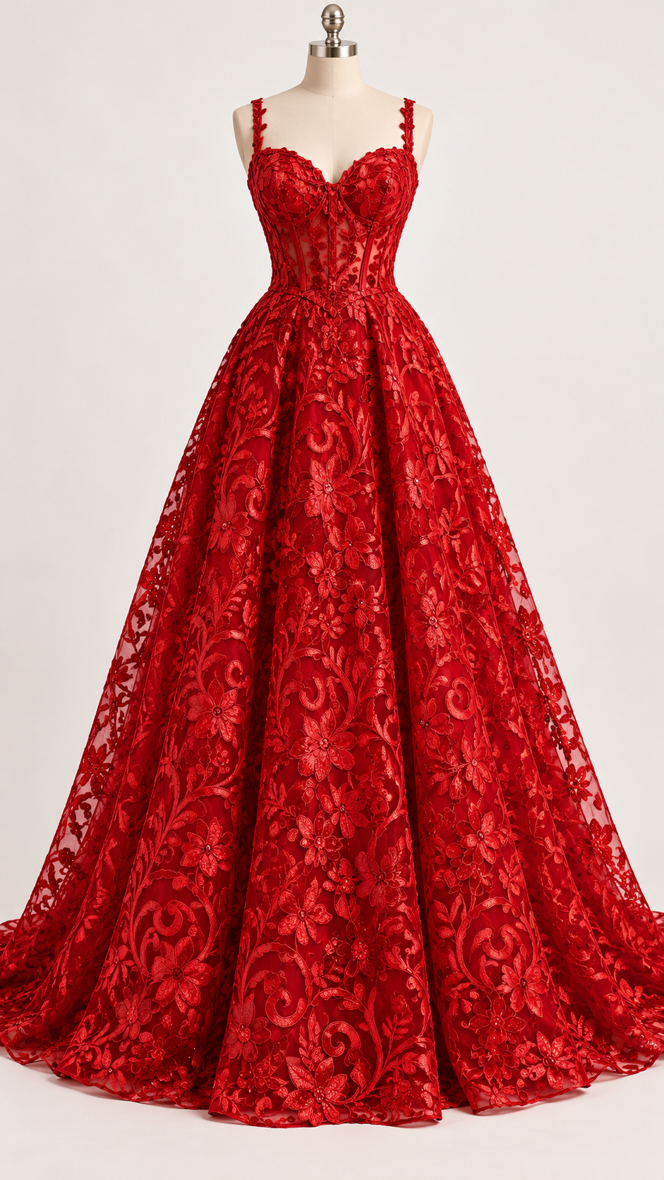 Inspiración de vestido generada con IA: Tul Bordado Con Diseño Floral Con Lentejuela Color Rojo -HH193 ideal para vestidos de noche de boda y de XV años; se vende la tela.