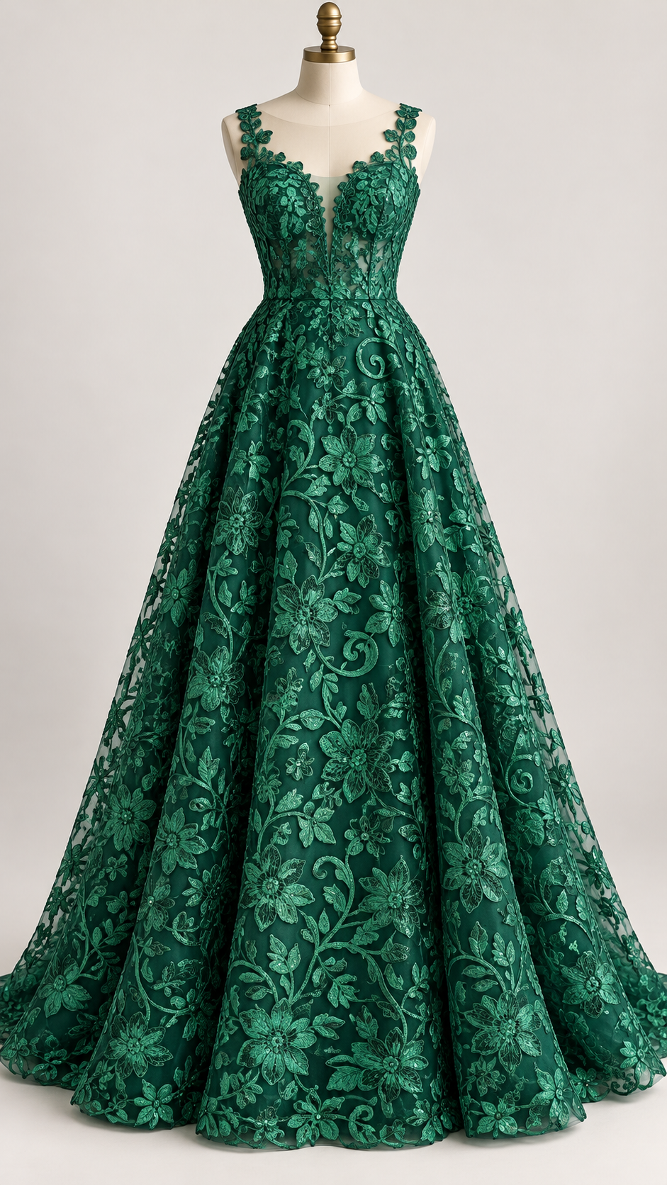 Inspiración de vestido generada con IA: Tul Bordado Con Diseño Floral Con Lentejuela Color Botella -HH193 ideal para vestidos de noche de boda y de XV años; se vende la tela.
