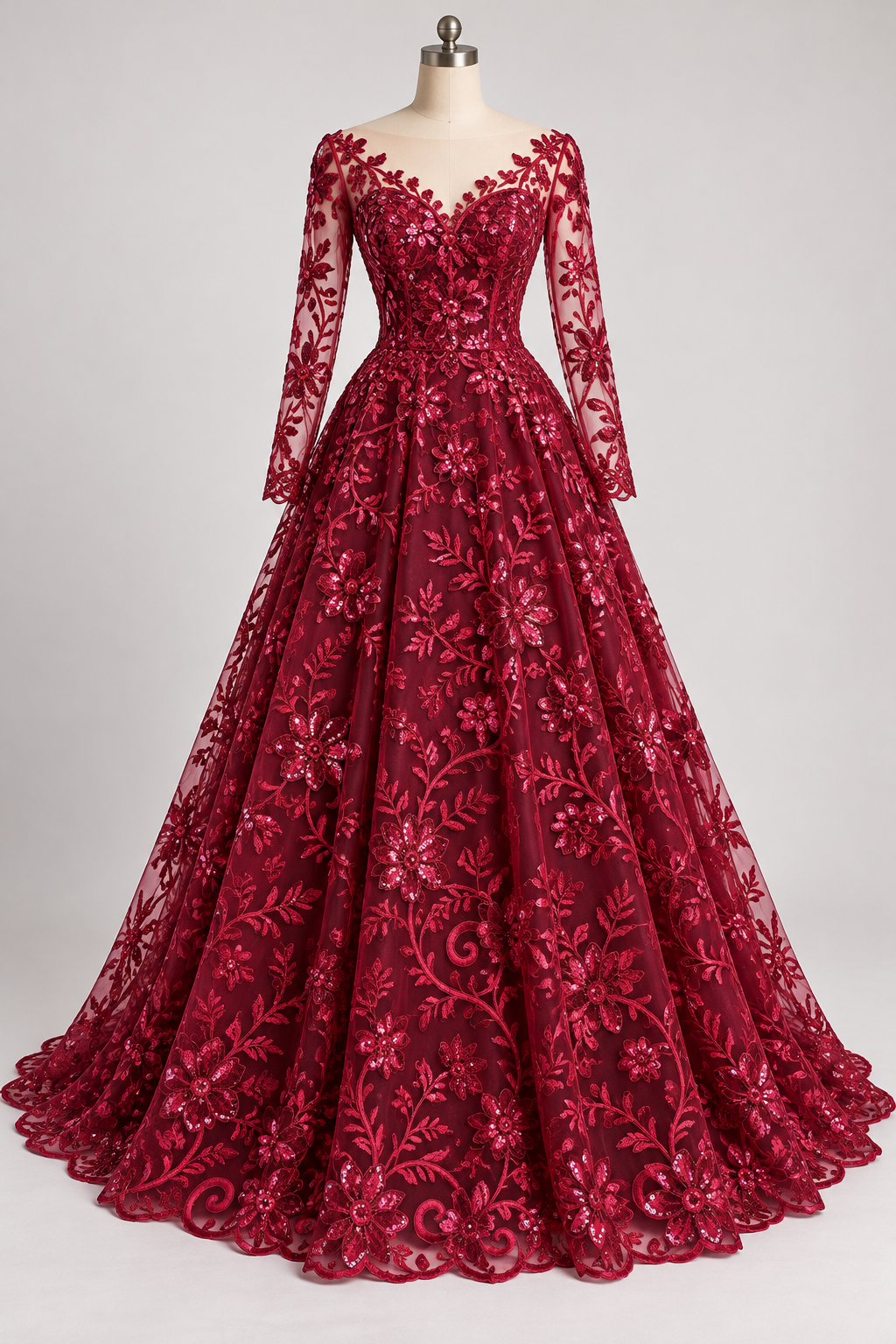 Inspiración de vestido generada con IA: Tul Bordado Con Diseño Floral Con Lentejuela Color Vino -HH193 ideal para vestidos de noche de boda y de XV años; se vende la tela.