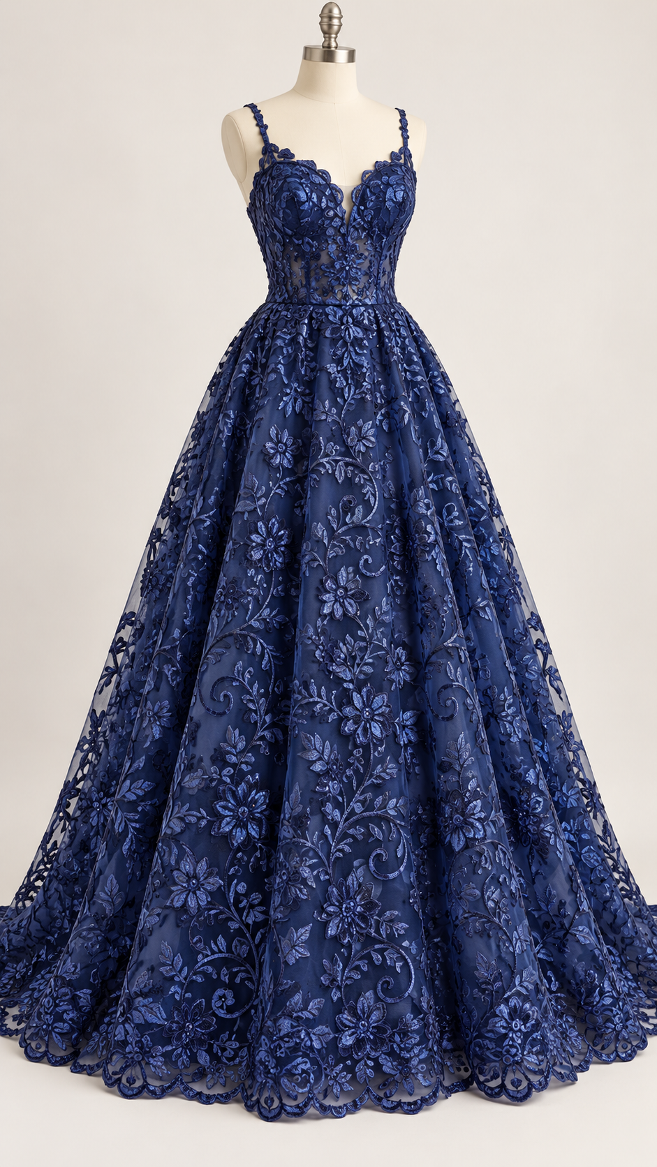 Inspiración de vestido generada con IA: Tul Bordado Con Diseño Floral Con Lentejuela Color Marino -HH193 ideal para vestidos de noche de boda y de XV años; se vende la tela.