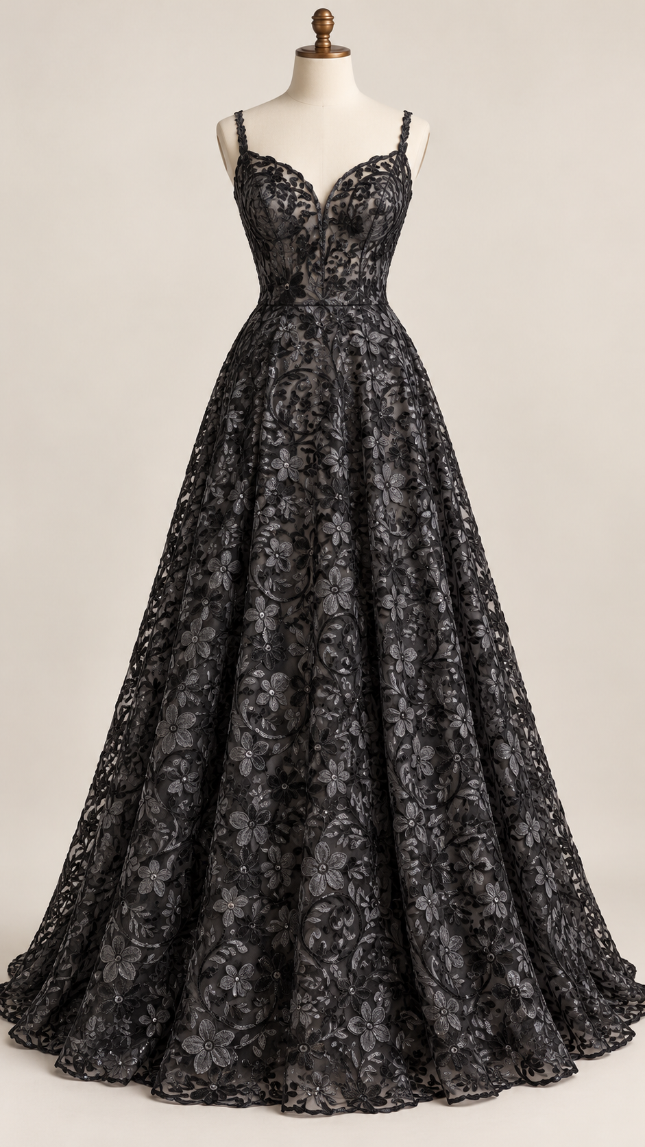 Inspiración de vestido generada con IA: Tul Bordado Con Diseño Floral Con Lentejuela Color Negro -HH193 ideal para vestidos de noche de boda y de XV años; se vende la tela.