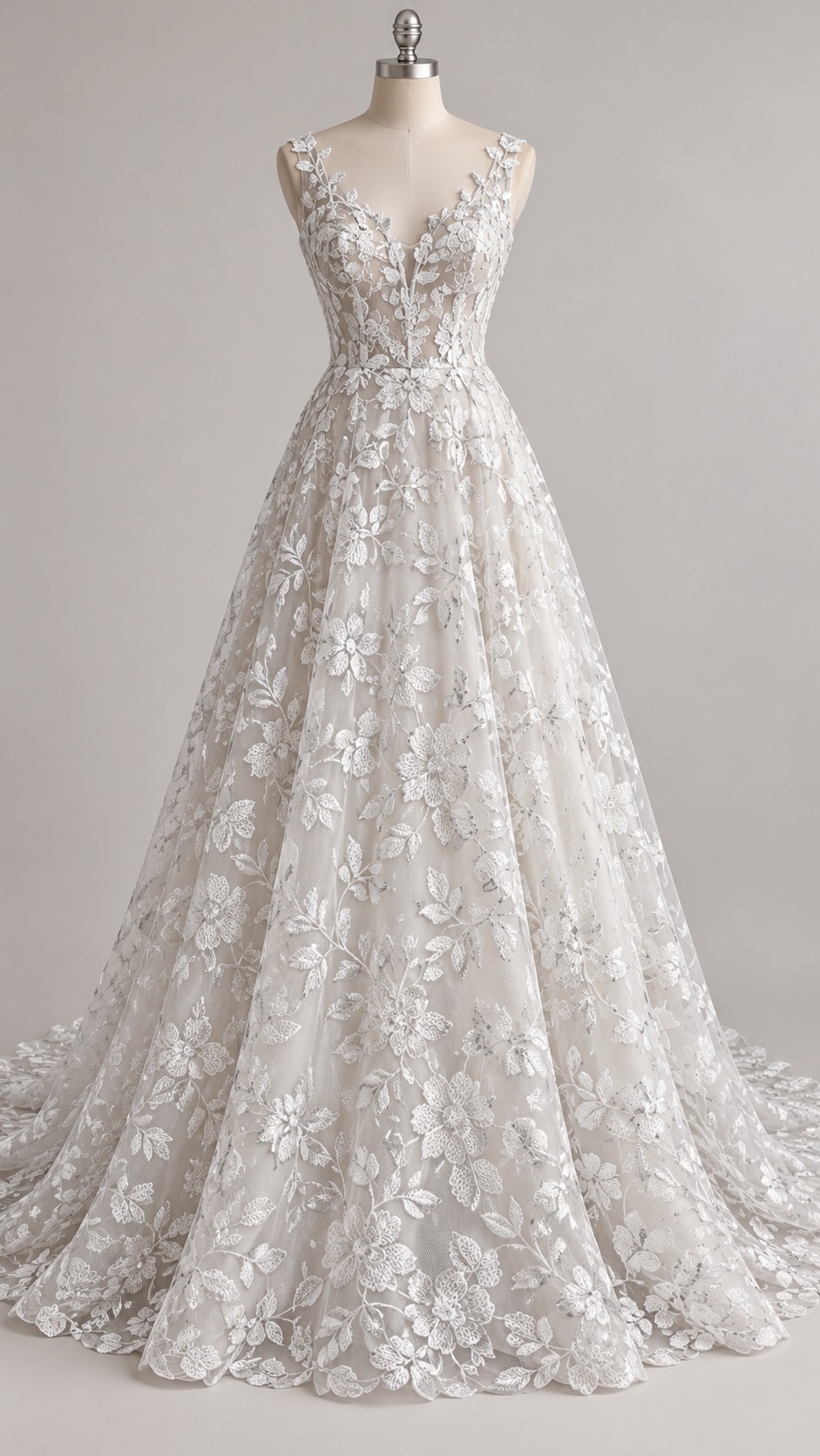Inspiración de vestido generada con IA: Tul Bordado Diseño Floral Con Lentejuela Color Blanco-HH195 ideal para vestidos de noche de boda y de XV años; se vende la tela.