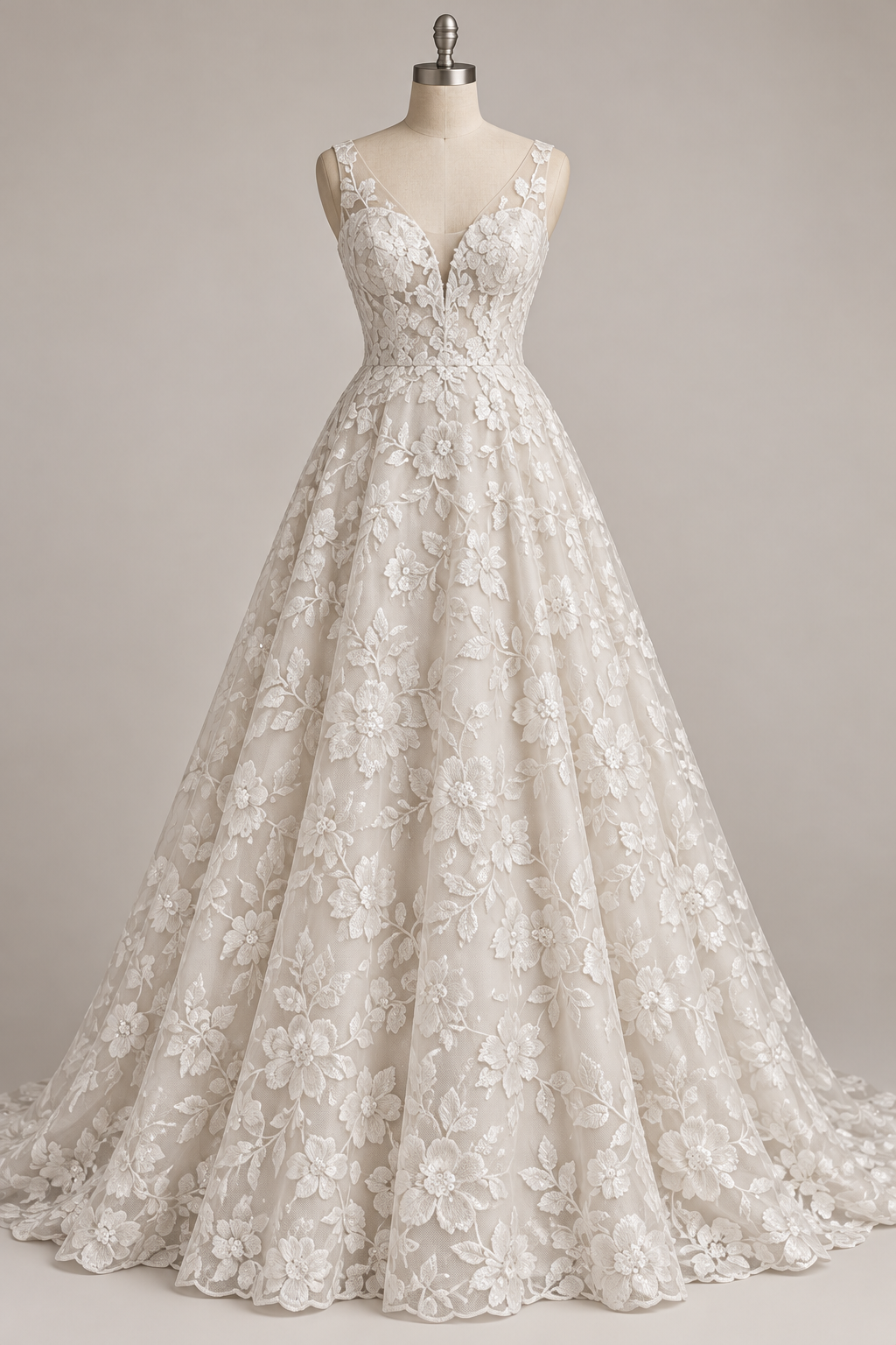 Inspiración de vestido generada con IA: Tul Bordado Diseño Floral Con Lentejuela Color Hueso-HH195 ideal para vestidos de noche de boda y de XV años; se vende la tela.
