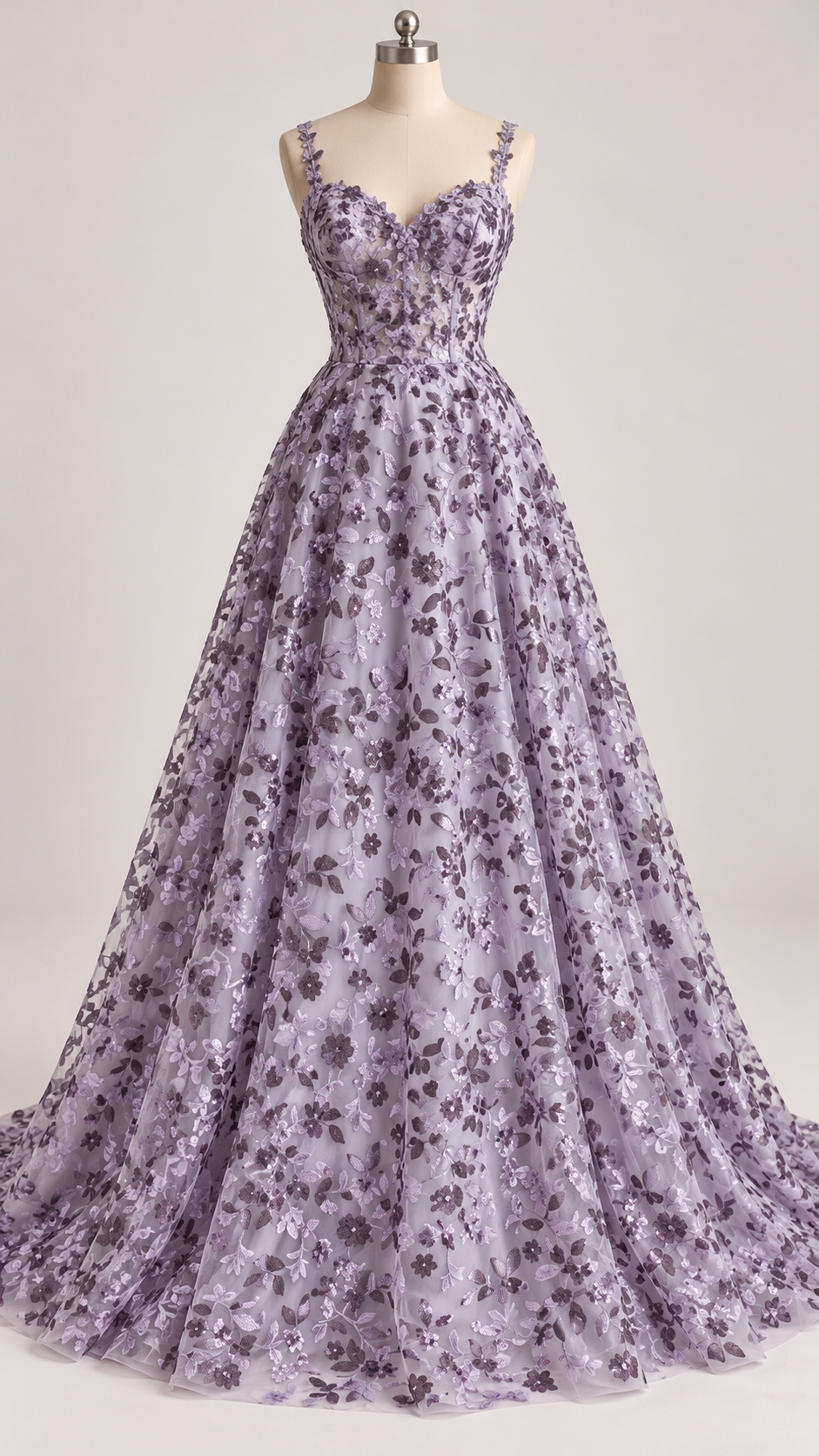 Inspiración de vestido generada con IA: Tul Bordado Diseño Floral Con Lentejuela Color Lila-HH195 ideal para vestidos de noche de boda y de XV años; se vende la tela.