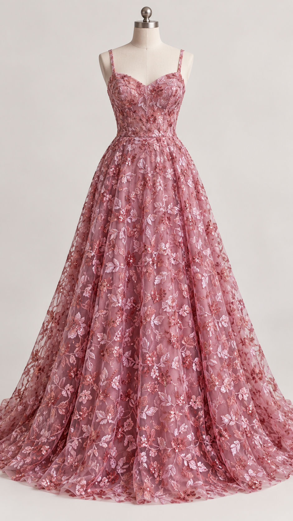 Inspiración de vestido generada con IA: Tul Bordado Diseño Floral Con Lentejuela Color Palo de Rosa -HH195 ideal para vestidos de noche de boda y de XV años; se vende la tela.