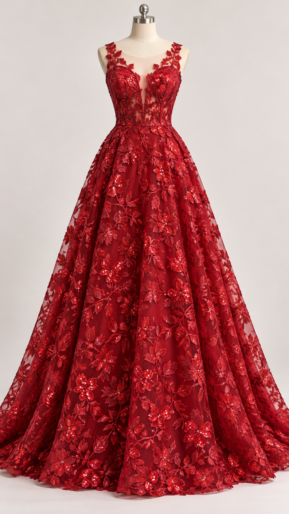 Inspiración de vestido generada con IA: Tul Bordado Diseño Floral Con Lentejuela Color Vino -HH195 ideal para vestidos de noche de boda y de XV años; se vende la tela.