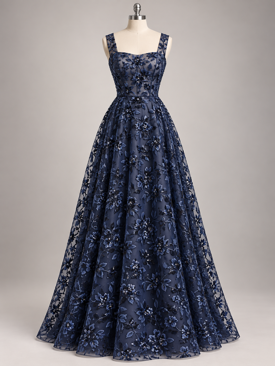 Inspiración de vestido generada con IA: Tul Bordado Diseño Floral Con Lentejuela Color Marino -HH195 ideal para vestidos de noche de boda y de XV años; se vende la tela.