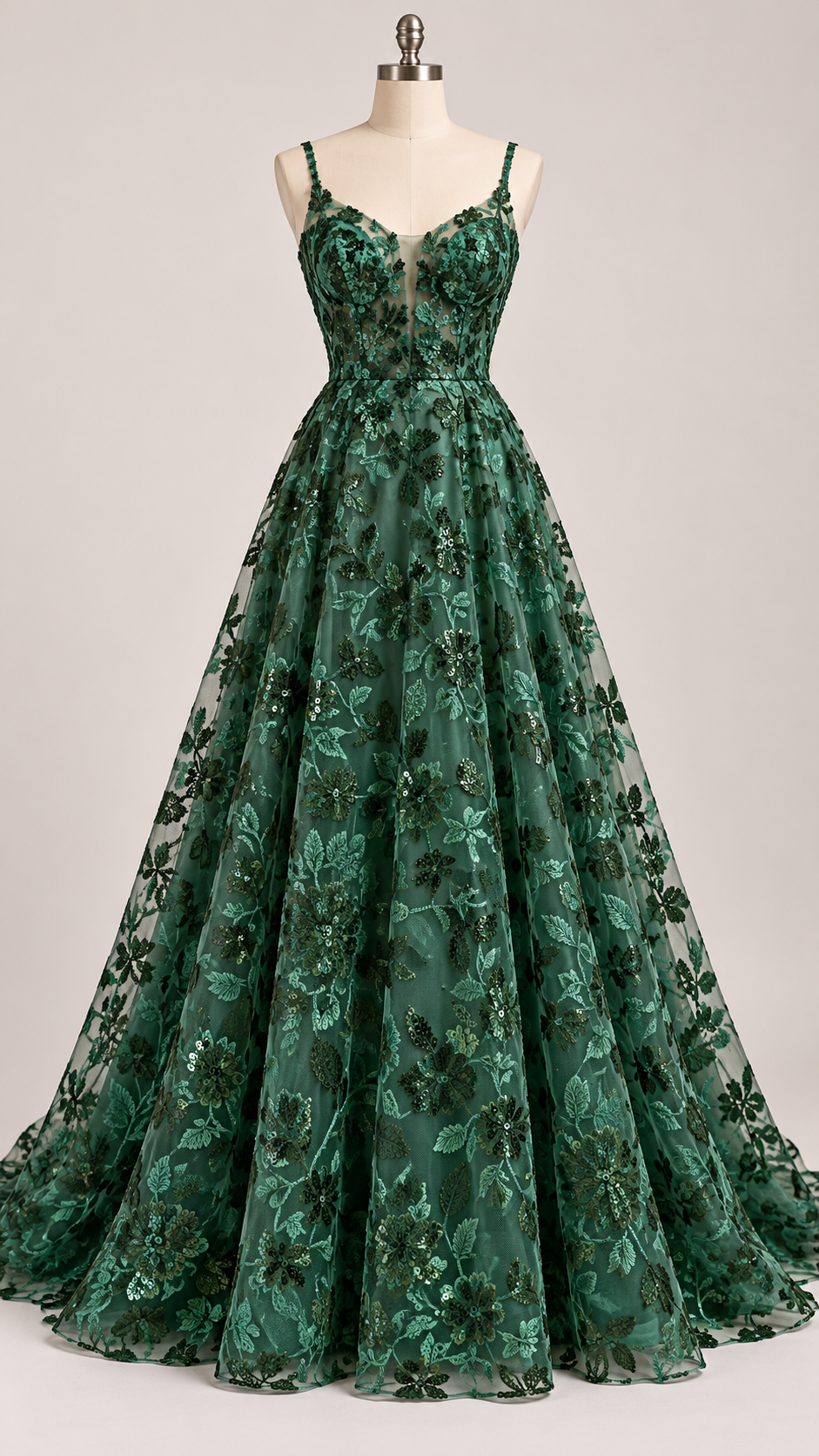 Inspiración de vestido generada con IA: Tul Bordado Diseño Floral Con Lentejuela Color Botella -HH195 ideal para vestidos de noche de boda y de XV años; se vende la tela.