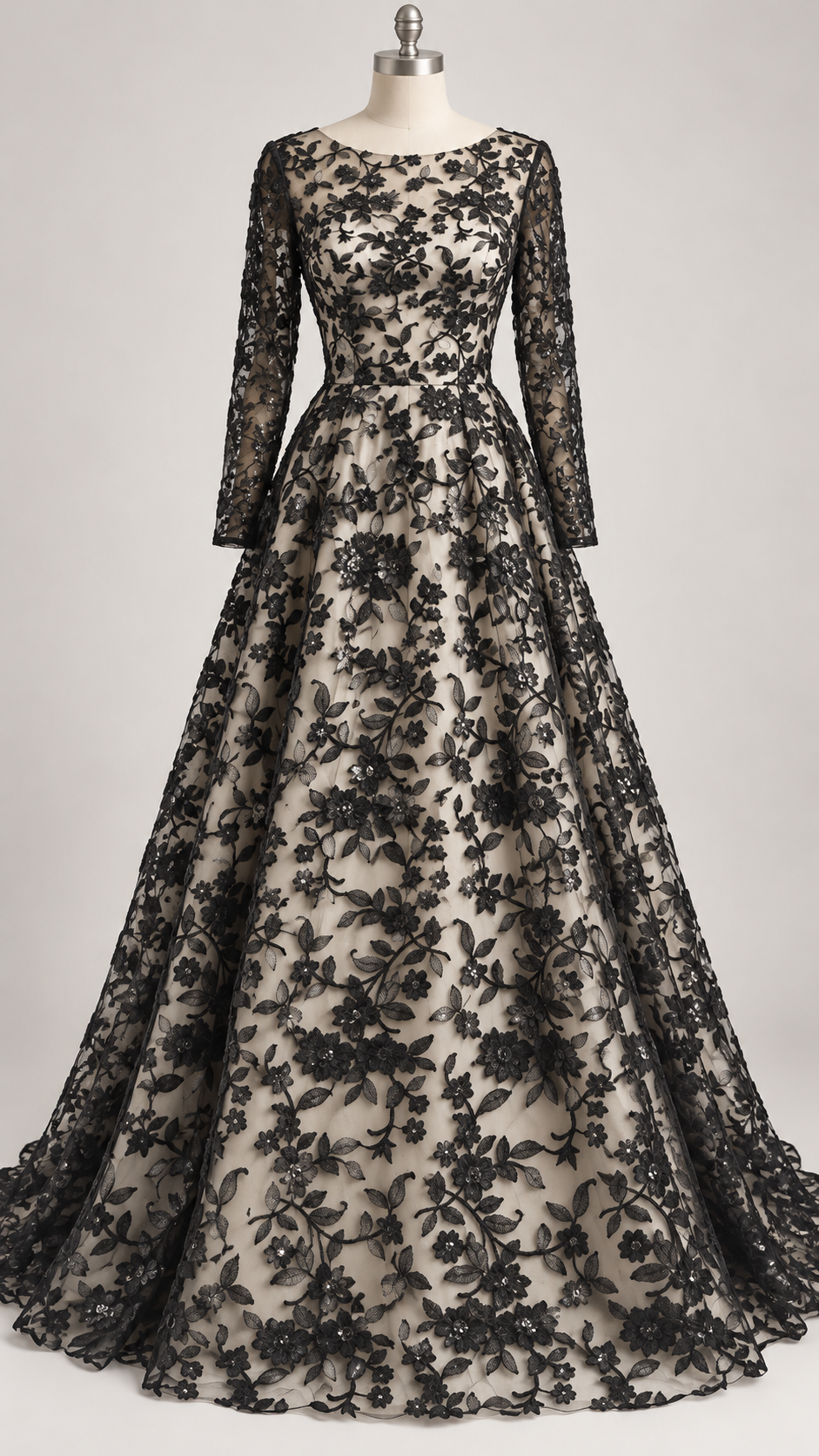 Inspiración de vestido generada con IA: Tul Bordado Diseño Floral Con Lentejuela Color Negro -HH195 ideal para vestidos de noche de boda y de XV años; se vende la tela.