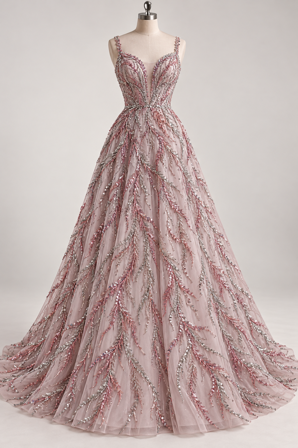 Inspiración de vestido generada con IA: Tul Bordado Con Ramas En Lentejuela Y Chaquira Color Rosa -HH196 ideal para vestidos de noche de boda y de XV años; se vende la tela.