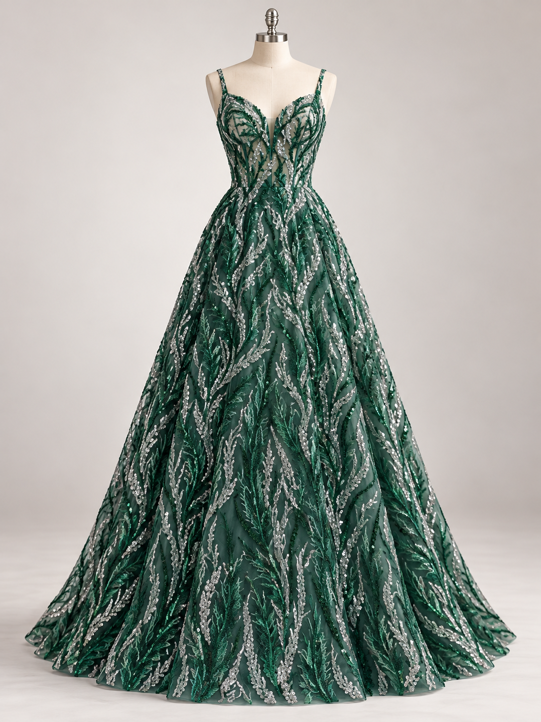 Inspiración de vestido generada con IA: Tul Bordado Con Ramas En Lentejuela Y Chaquira Color Botella -HH196 ideal para vestidos de noche de boda y de XV años; se vende la tela.