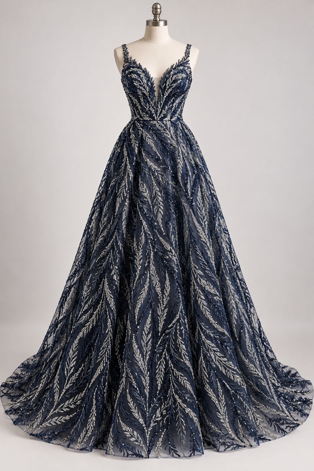 Inspiración de vestido generada con IA: Tul Bordado Con Ramas En Lentejuela Y Chaquira Color Azul Marino -HH196 ideal para vestidos de noche de boda y de XV años; se vende la tela.