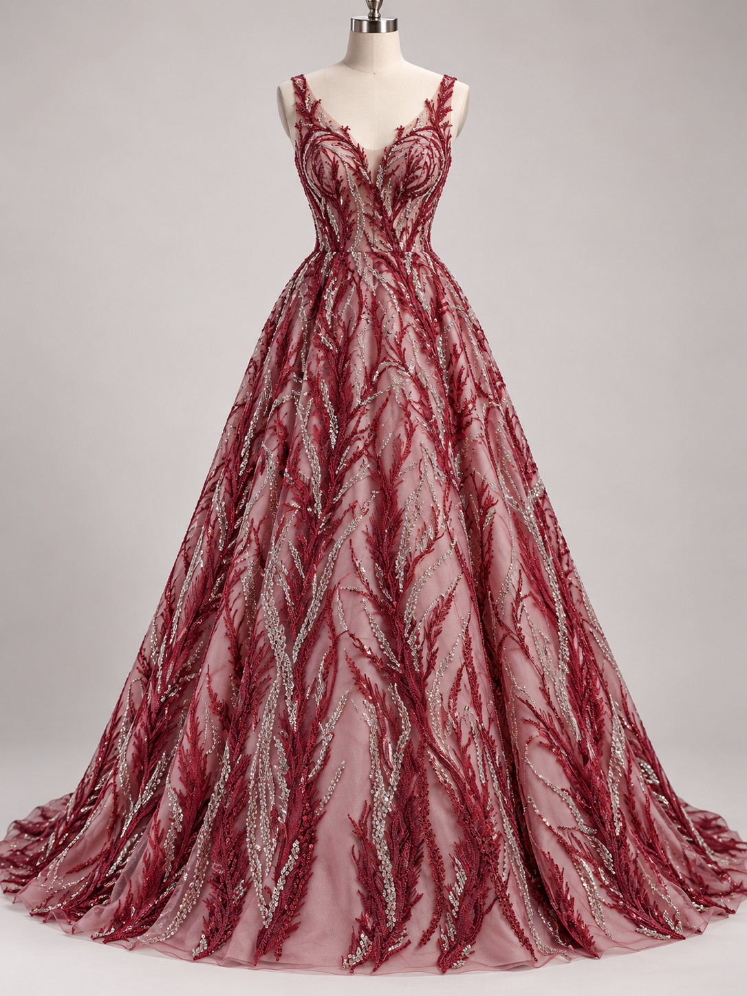 Inspiración de vestido generada con IA: Tul Bordado Con Ramas En Lentejuela Y Chaquira Color Vino -HH196 ideal para vestidos de noche de boda y de XV años (Copia); se vende la tela.