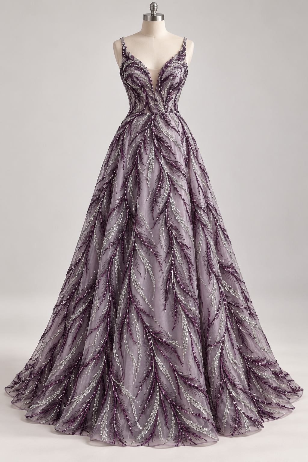 Inspiración de vestido generada con IA: Tul Bordado Con Ramas En Lentejuela Y Chaquira Color Morado Uva -HH196 ideal para vestidos de noche de boda y de XV años; se vende la tela.