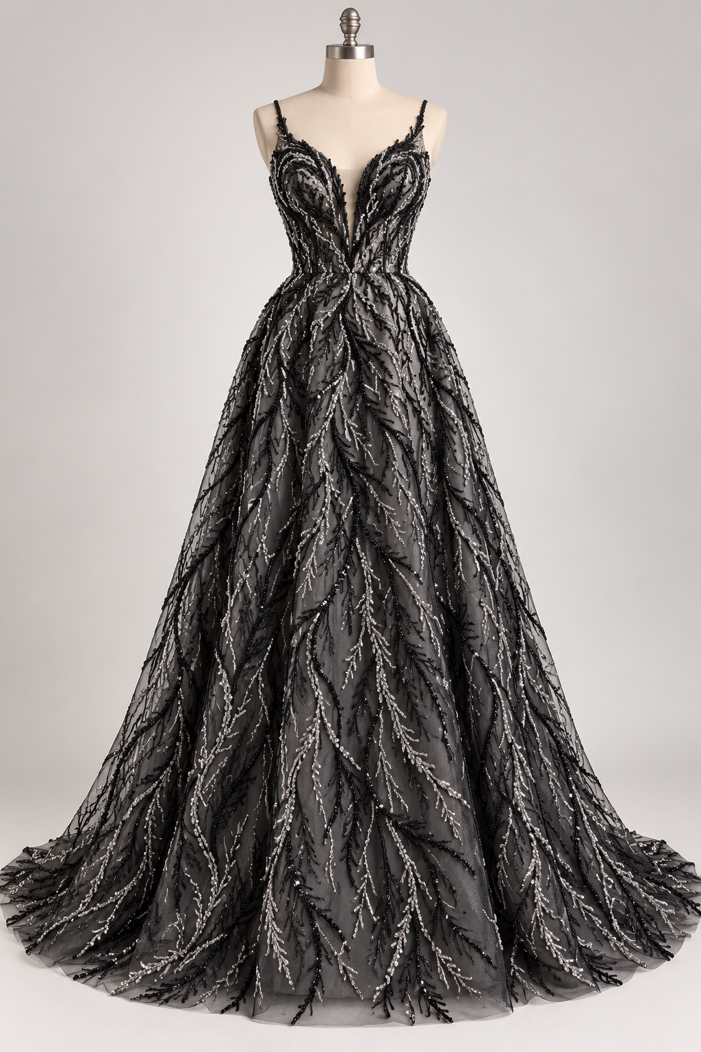 Inspiración de vestido generada con IA: Tul Bordado Con Ramas En Lentejuela Y Chaquira Color Negro -HH196 ideal para vestidos de noche de boda y de XV años; se vende la tela.