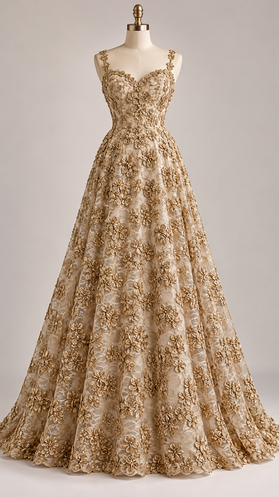Inspiración de vestido generada con IA: Tul Bordado Diseño Floral Con Lentejuela Color Oro -HH198 ideal para vestidos de noche de boda y de XV años; se vende la tela.