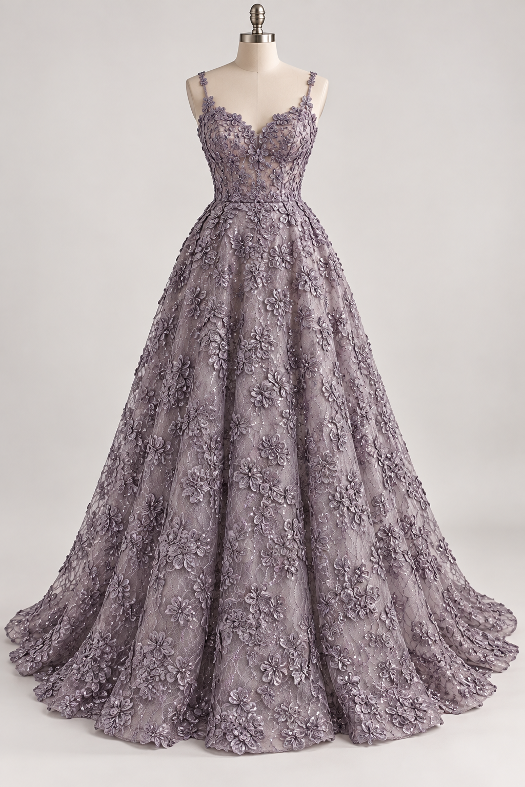 Inspiración de vestido generada con IA: Tul Bordado Diseño Floral Con Lentejuela Color Mauve -HH198 ideal para vestidos de noche de boda y de XV años; se vende la tela.