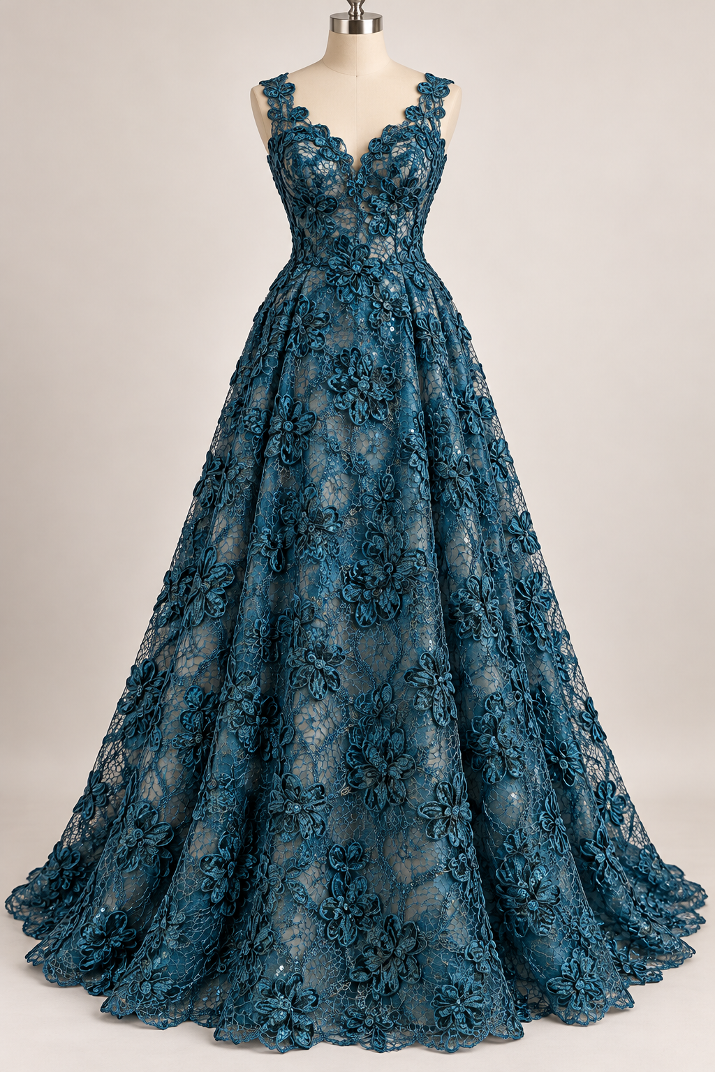 Inspiración de vestido generada con IA: Tul Bordado Diseño Floral Con Lentejuela Color Petroleo Obscuro -HH198 ideal para vestidos de noche de boda y de XV años; se vende la tela.