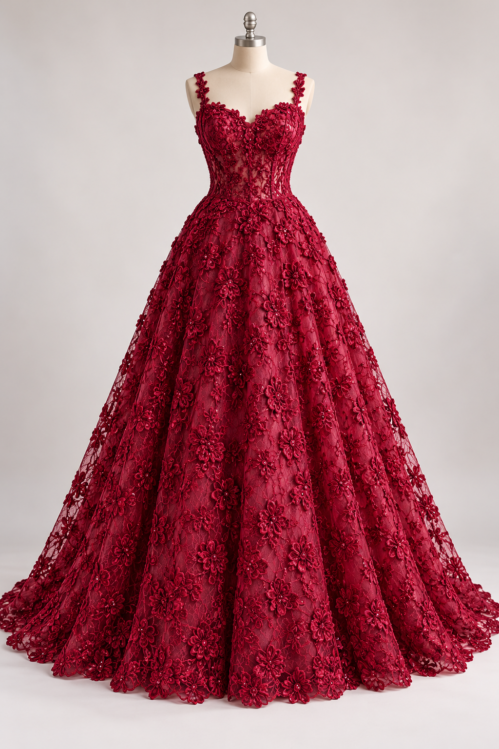 Inspiración de vestido generada con IA: Tul Bordado Diseño Floral Con Lentejuela Color Vino -HH198 ideal para vestidos de noche de boda y de XV años; se vende la tela.