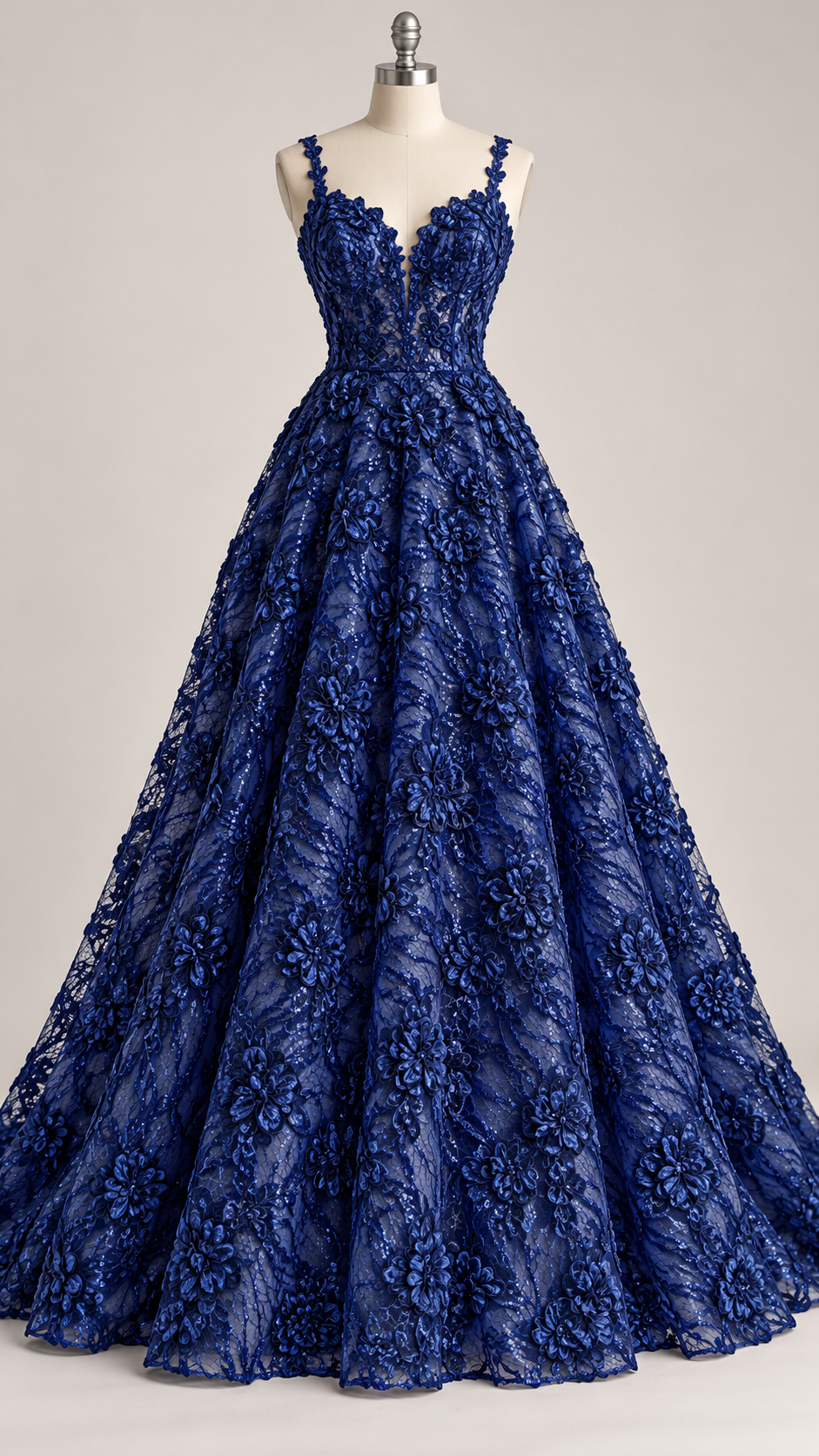 Inspiración de vestido generada con IA: Tul Bordado Diseño Floral Con Lentejuela Color Azul Marino -HH198 ideal para vestidos de noche de boda y de XV años; se vende la tela.