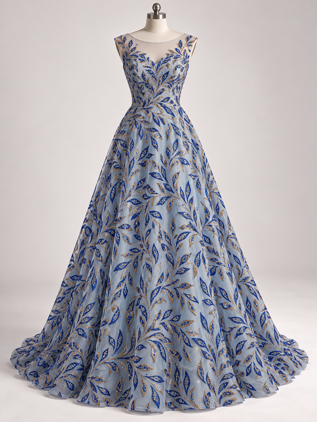 Inspiración de vestido generada con IA: Tul Bordado Con Diseño Aplicaciones de Pedrería Y Glitter Color Azul Rey -HH200 ideal para vestidos de noche de boda y de XV años; se vende la tela.