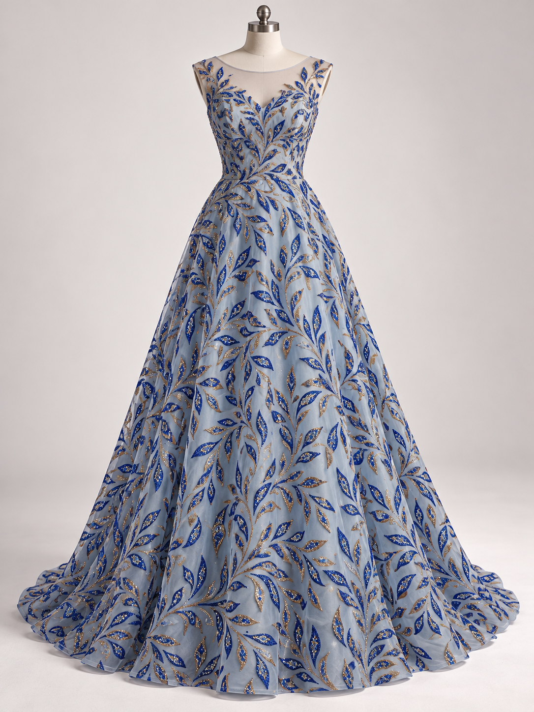 Inspiración de vestido generada con IA: Tul Bordado Con Diseño Aplicaciones de Pedrería Y Glitter Color Azul Rey -HH200 ideal para vestidos de noche de boda y de XV años; se vende la tela.